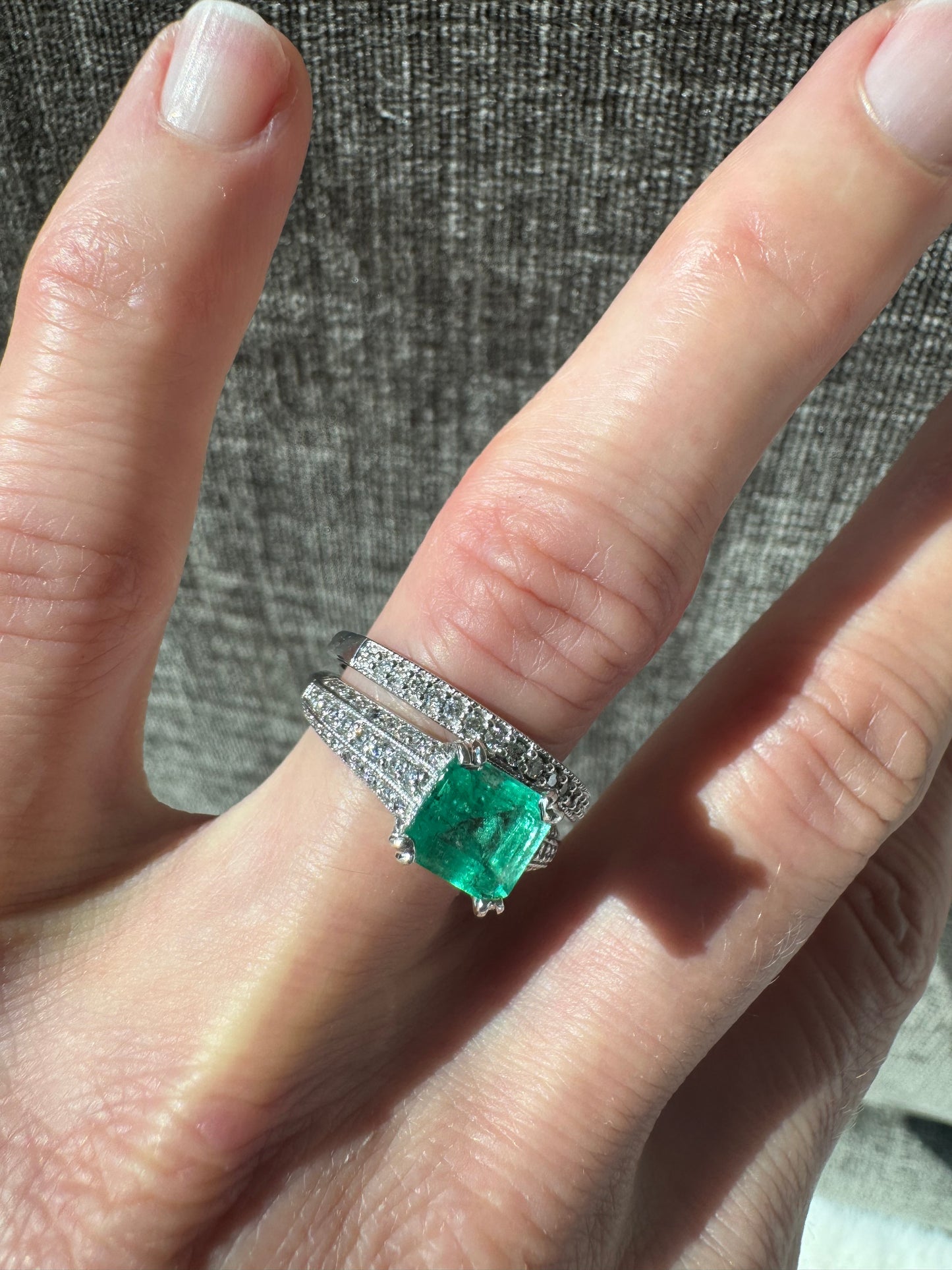 Estate Platinum Natural Columbian Emerald & Diamond Ring with Band
