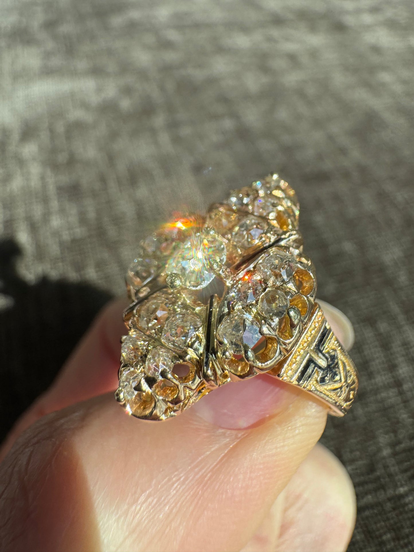 Antique Victorian 18K Gold Old Mine Cut Diamond Cluster Ring, Hand Engraved Estate Jewelry