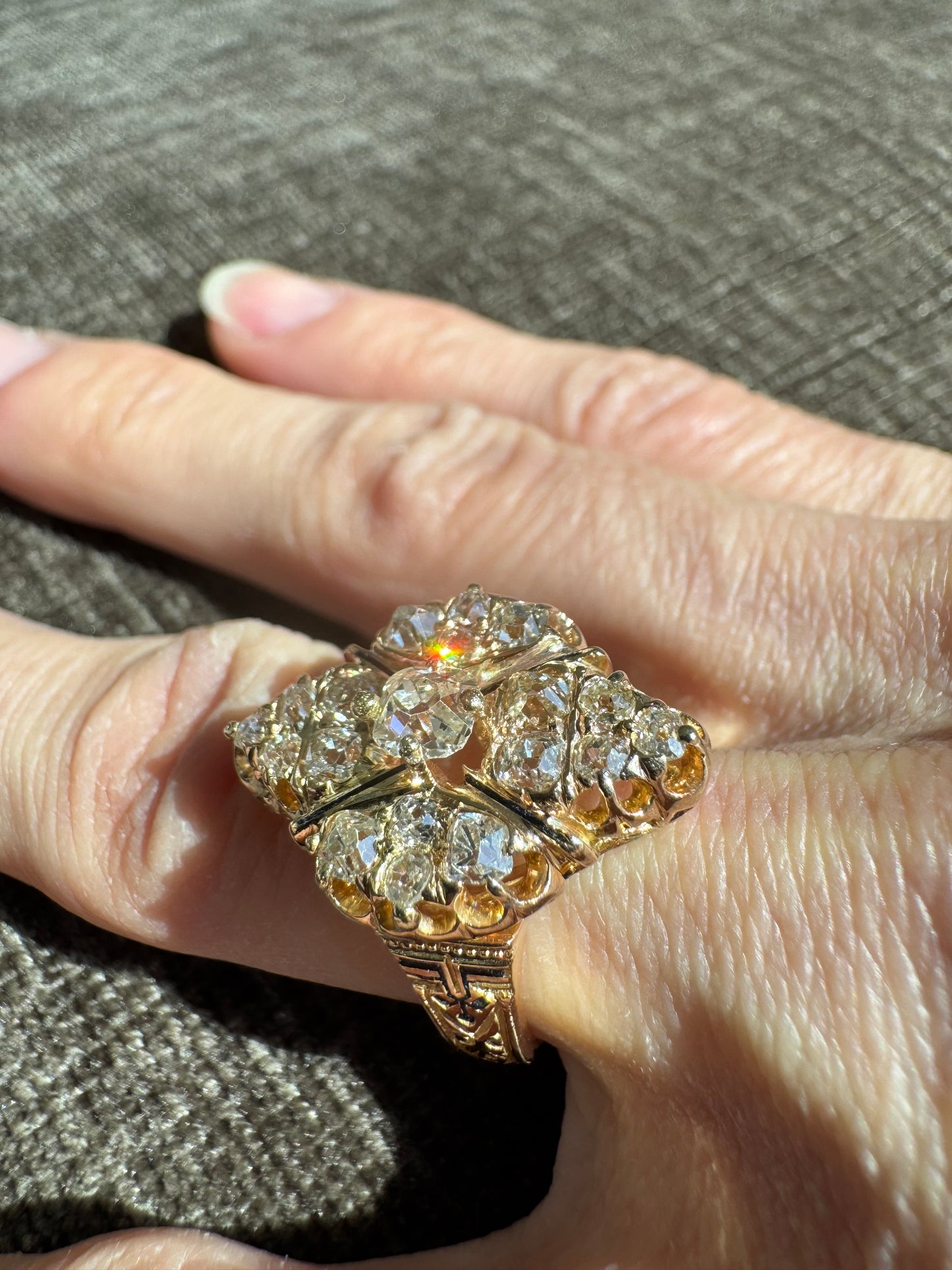 Antique Victorian 18K Gold Old Mine Cut Diamond Cluster Ring, Hand Engraved Estate Jewelry
