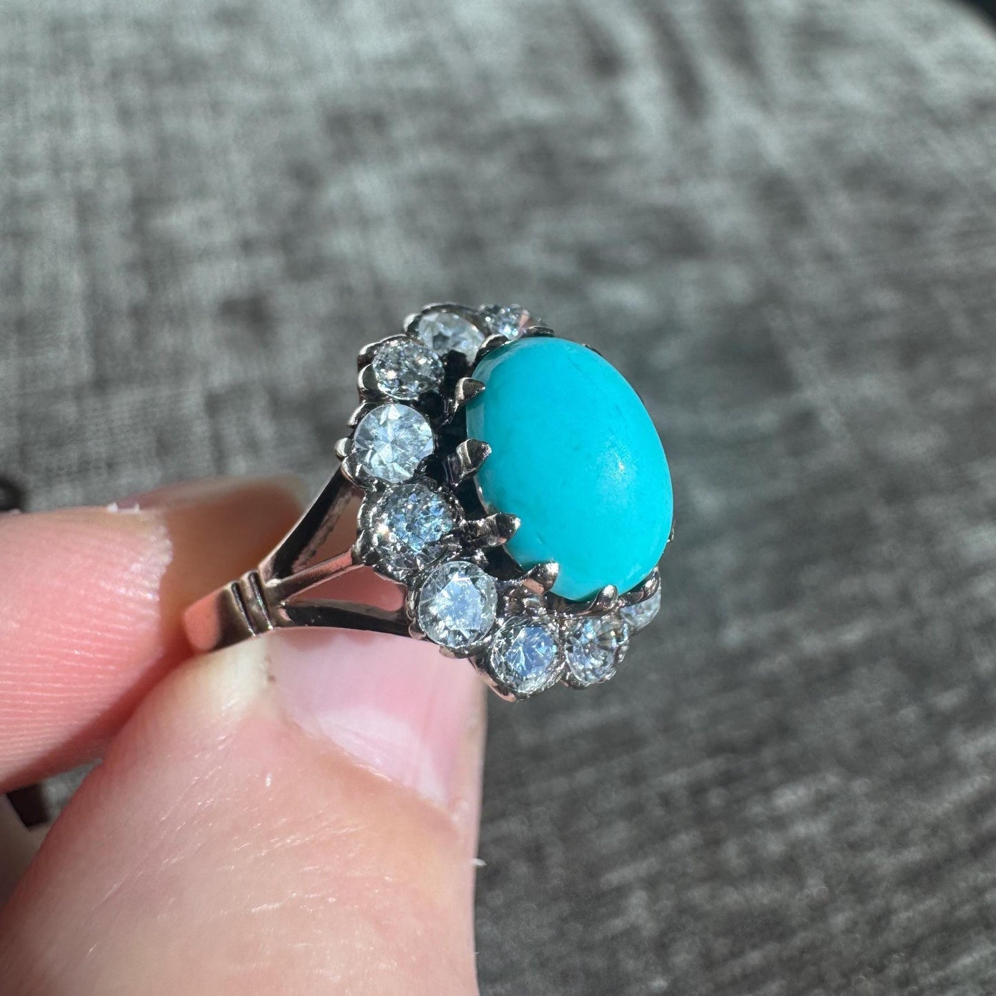 14k Solid Yellow Gold Vintage Oval Robin's Eggs Blue Natural Turquoise and Natural Diamond Halo Ring