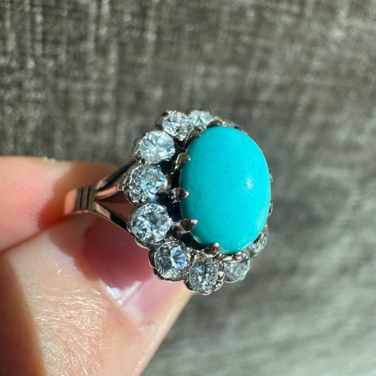 14k Solid Yellow Gold Vintage Oval Robin's Eggs Blue Natural Turquoise and Natural Diamond Halo Ring