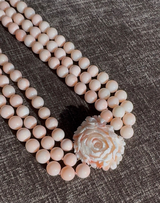Vintage Angel Skin Coral 3 Strand Necklace With Carved Rose