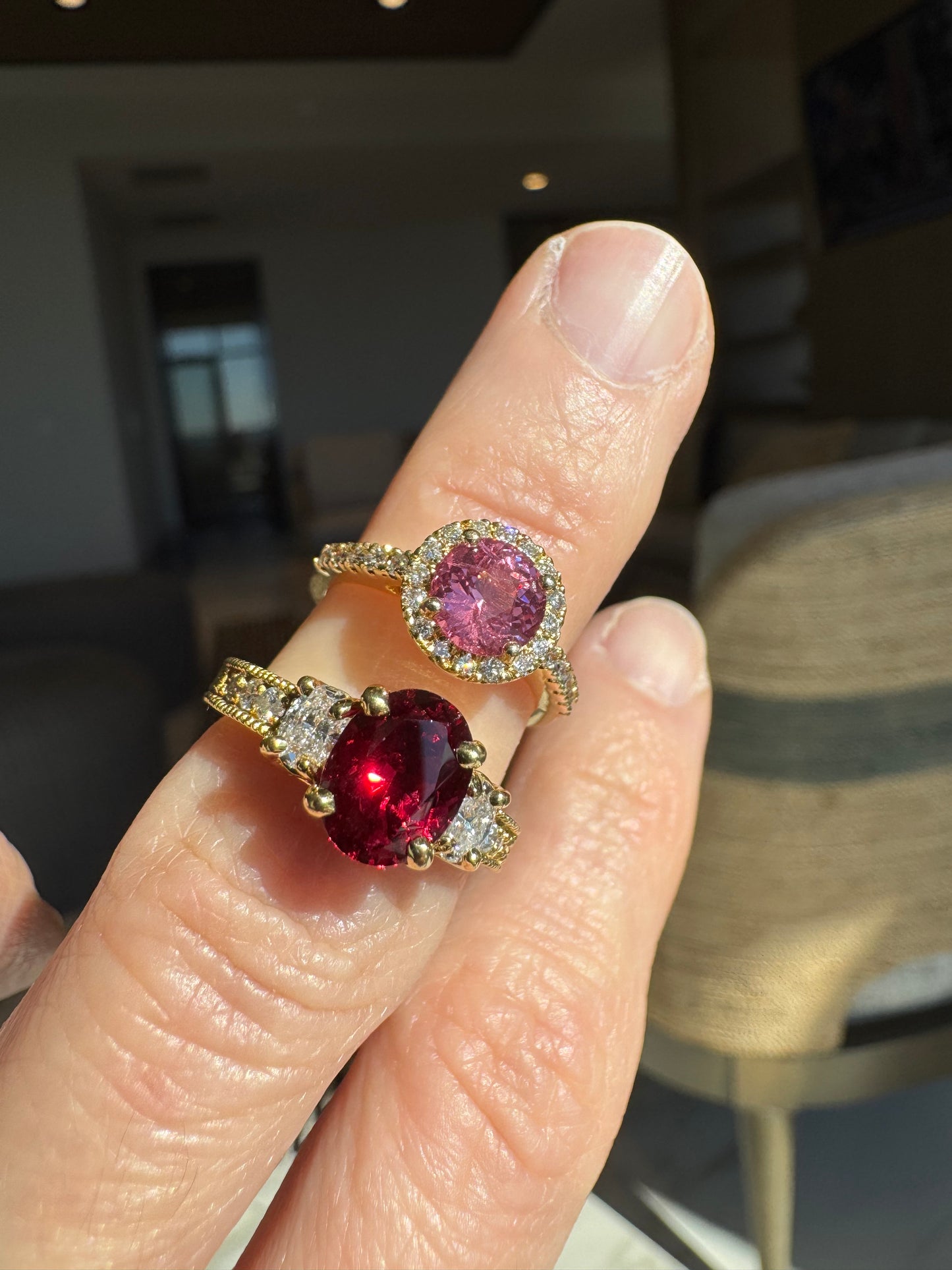 Vintage Style 18k Yellow Gold Natural Red & Pink Spinel Diamond Ring Bundle (2 Rings)
