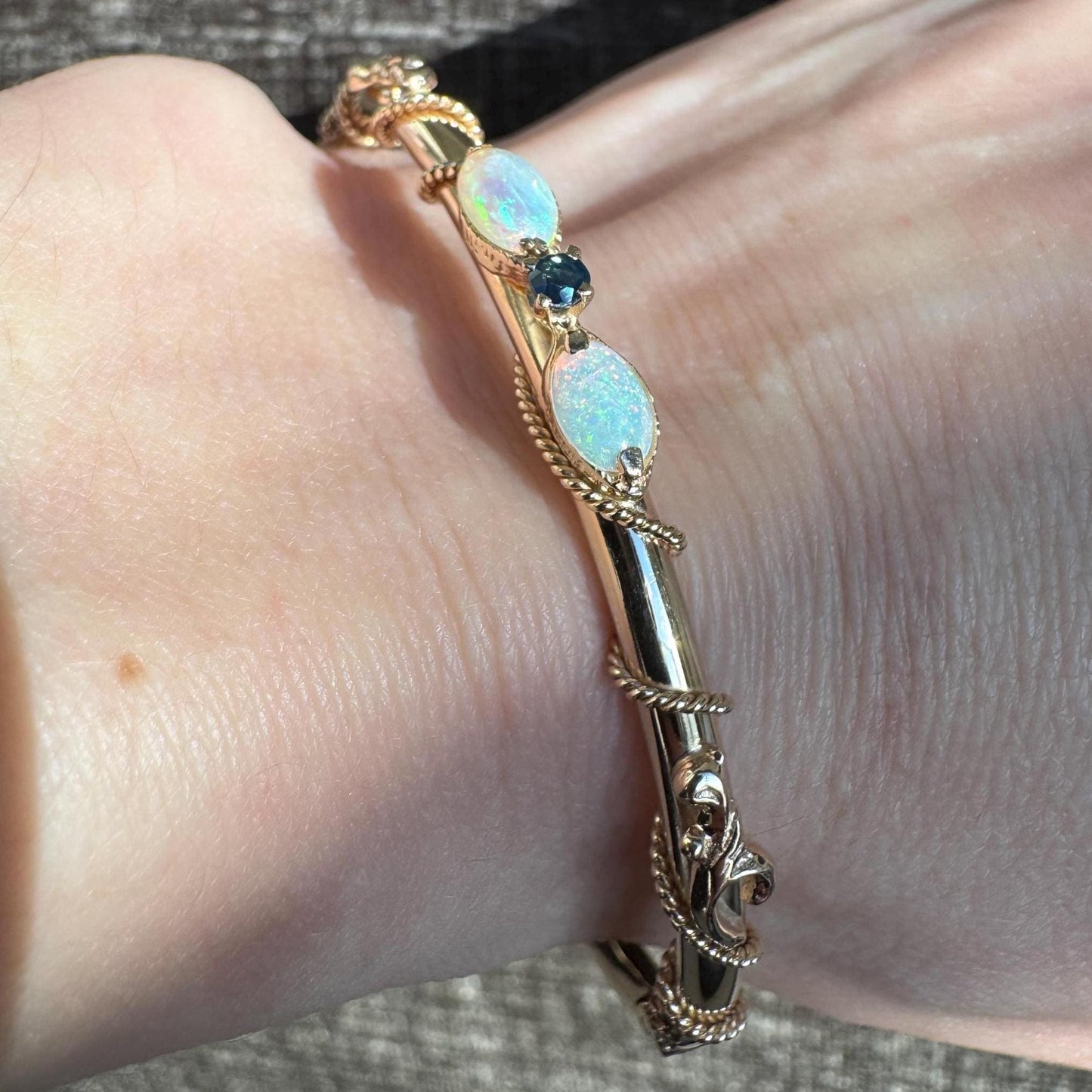 Vintage 14K Solid Yellow Gold Opal & Sapphire Hinged Bangle Bracelet | Estate Midcentury Jewelry