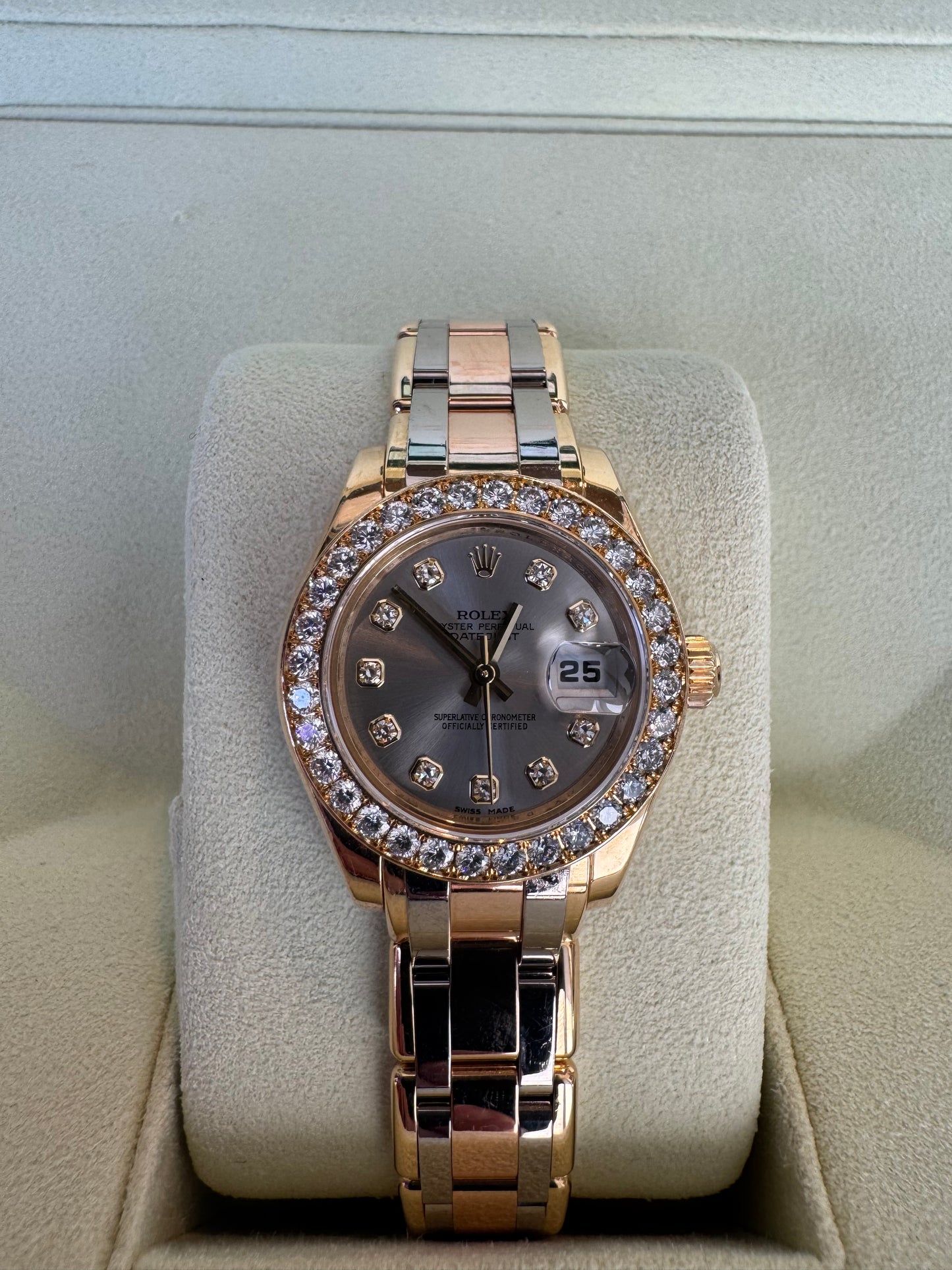 Rolex Pearlmaster Masterpiece 29mm Tridor Gold Diamond Watch | Ref 80298 | Steel Diamond Dial | 32 Diamond Bezel | Luxury Rolex Ladies Watch