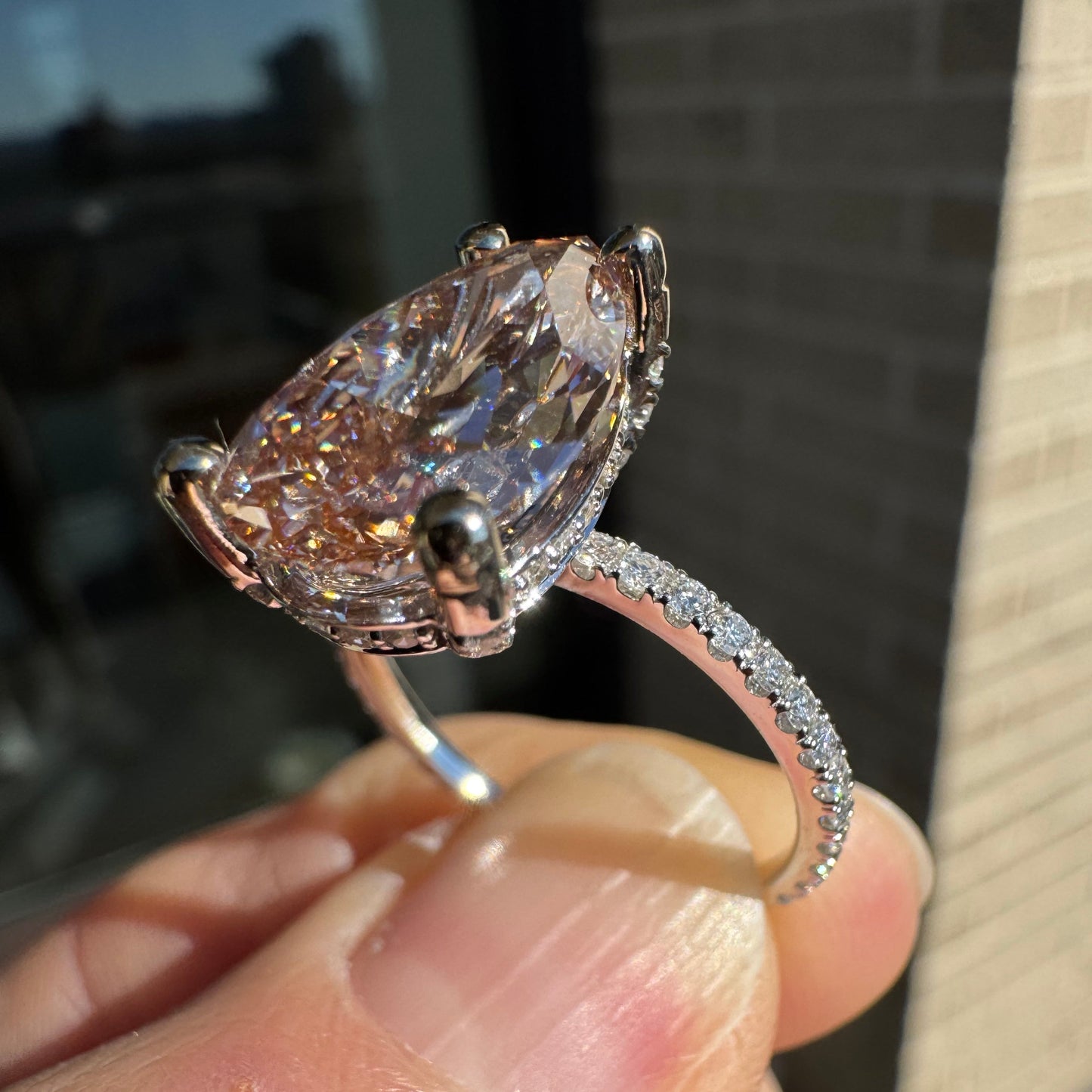 14k White Gold 5.04 Carat Pink Pear Shaped Lab & Natural Diamond Ring