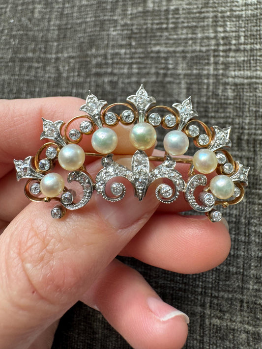Vintage 14k Solid Yellow Gold and Platinum Natural Pearl & Diamond Brooch