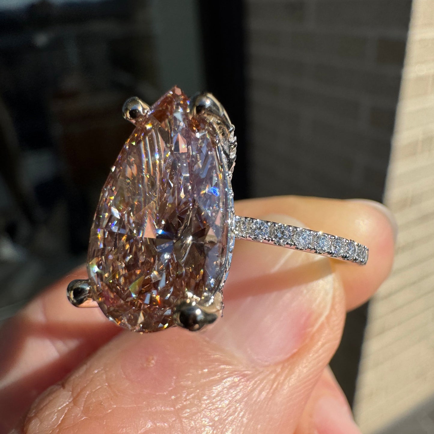 14k White Gold 5.04 Carat Pink Pear Shaped Lab & Natural Diamond Ring