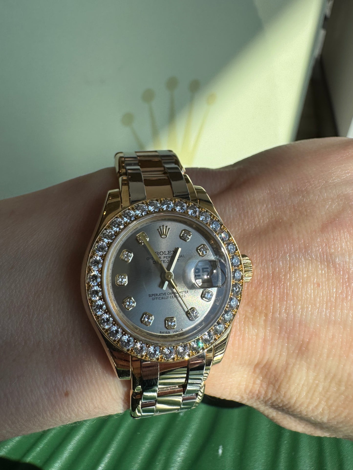 Rolex Pearlmaster Masterpiece 29mm Tridor Gold Diamond Watch | Ref 80298 | Steel Diamond Dial | 32 Diamond Bezel | Luxury Rolex Ladies Watch