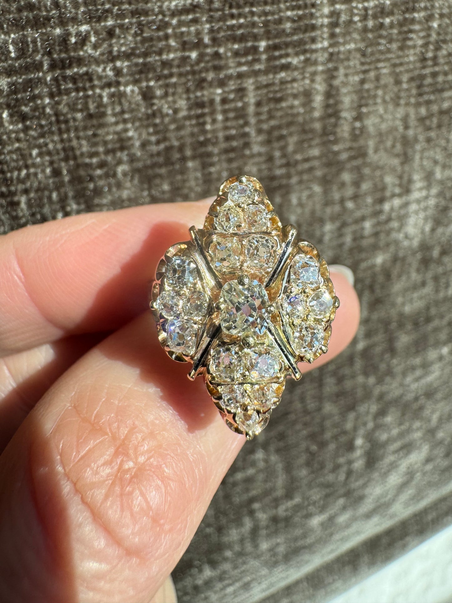 Antique Victorian 18K Gold Old Mine Cut Diamond Cluster Ring, Hand Engraved Estate Jewelry
