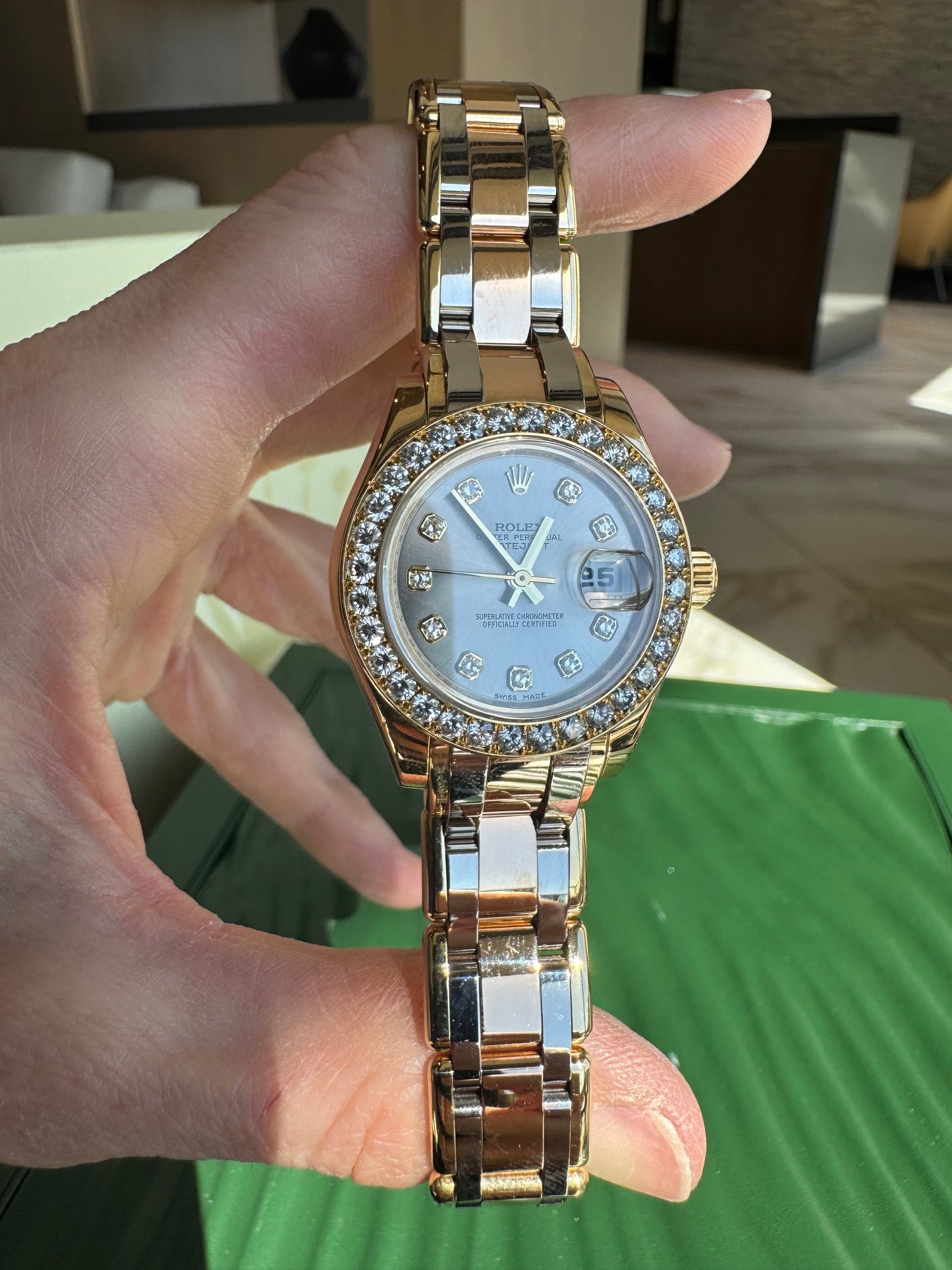 Rolex Pearlmaster Masterpiece 29mm Tridor Gold Diamond Watch | Ref 80298 | Steel Diamond Dial | 32 Diamond Bezel | Luxury Rolex Ladies Watch