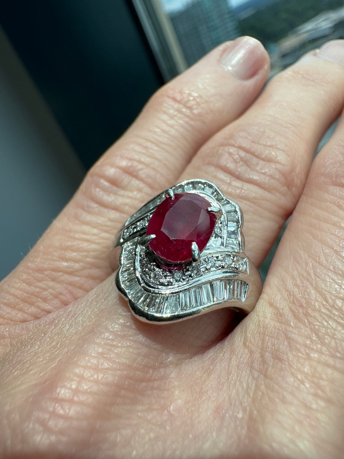 Solid Platinum Ruby and Diamond Ring, Size 6