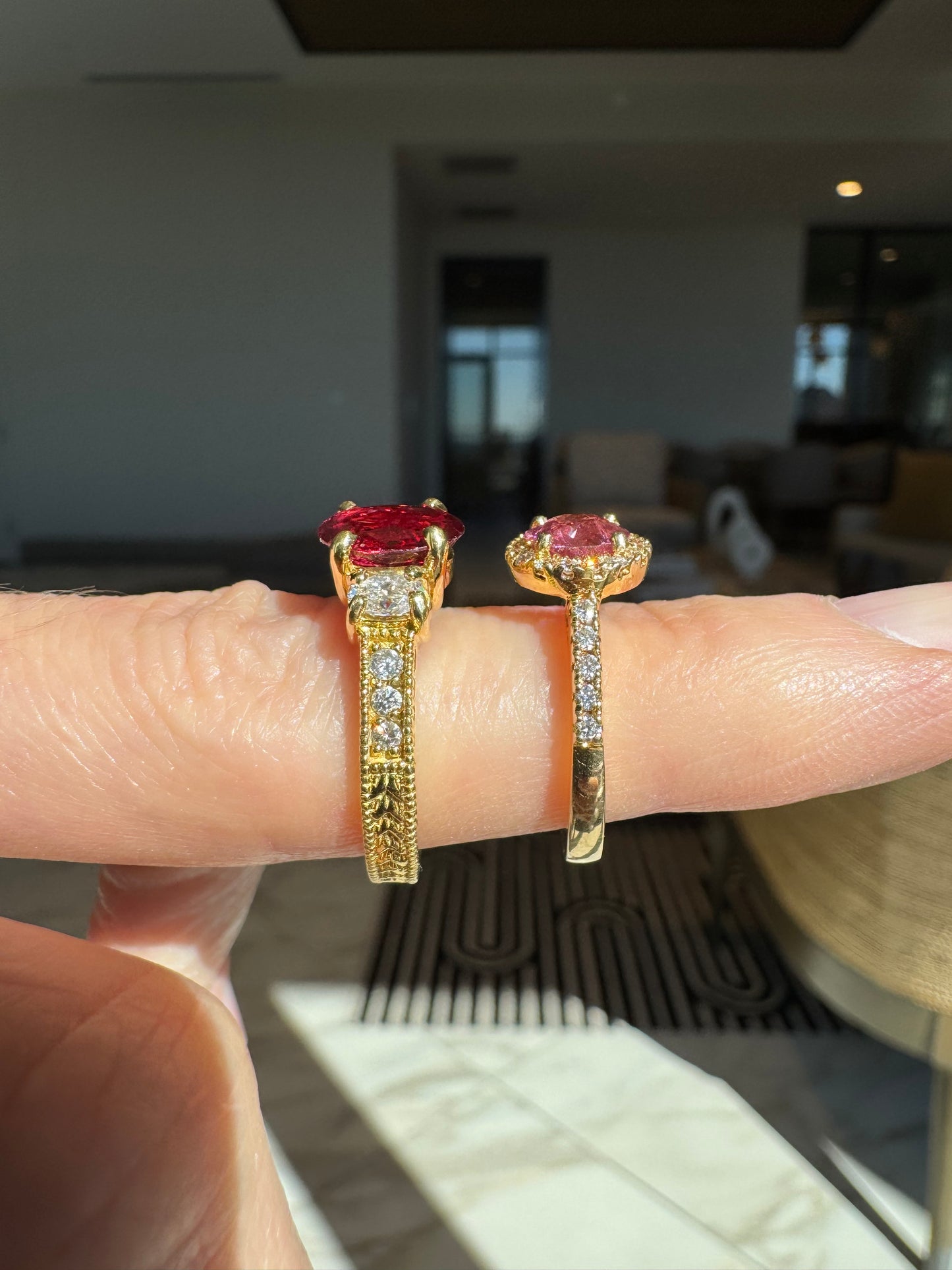 Vintage Style 18k Yellow Gold Natural Red & Pink Spinel Diamond Ring Bundle (2 Rings)