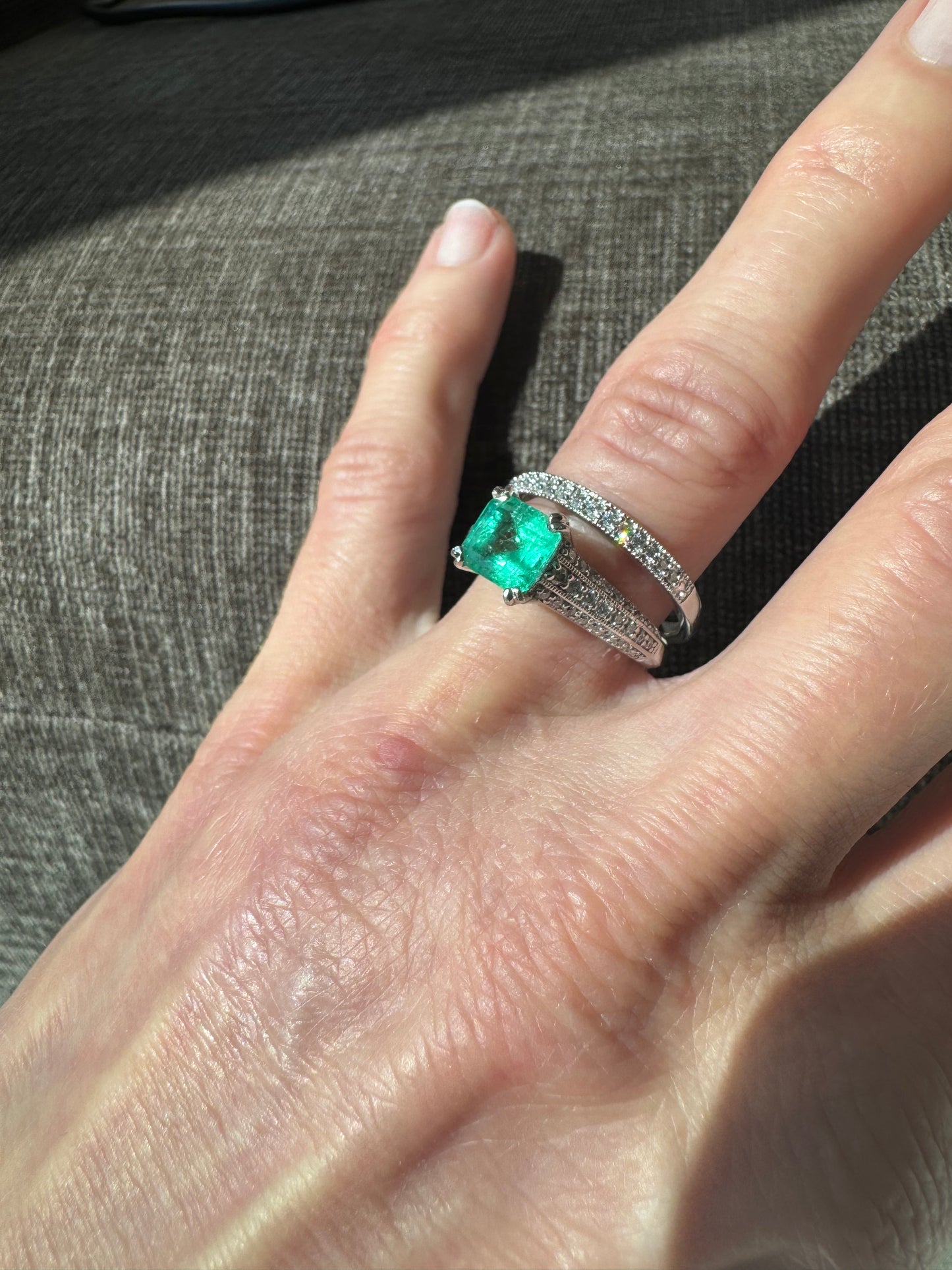 Estate Platinum Natural Columbian Emerald & Diamond Ring with Band