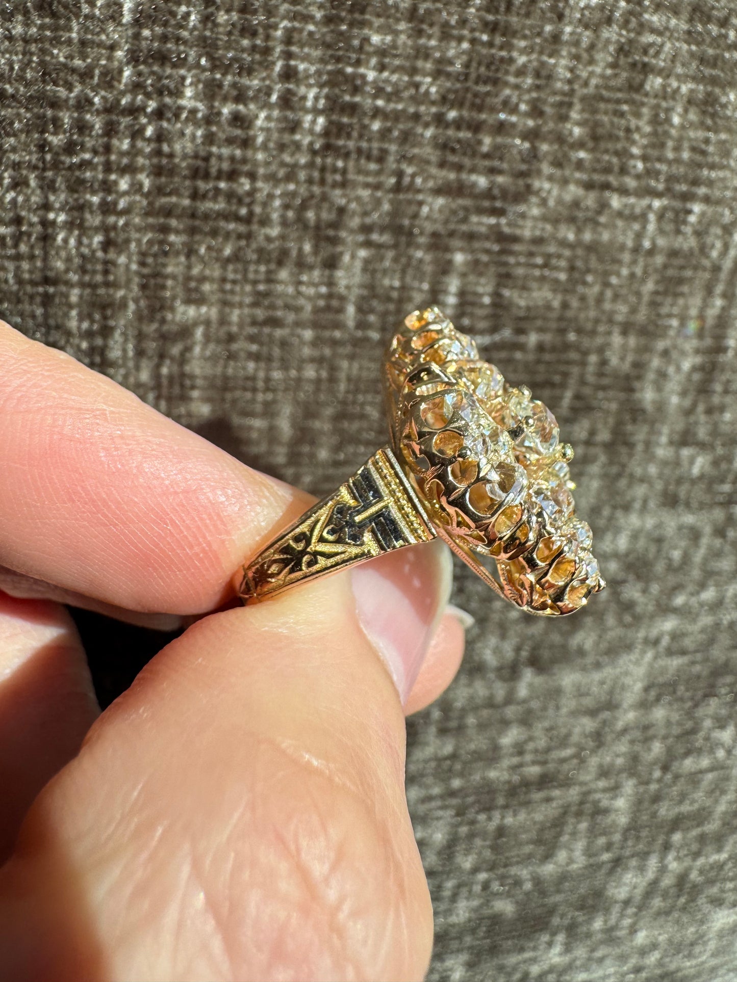 Antique Victorian 18K Gold Old Mine Cut Diamond Cluster Ring, Hand Engraved Estate Jewelry
