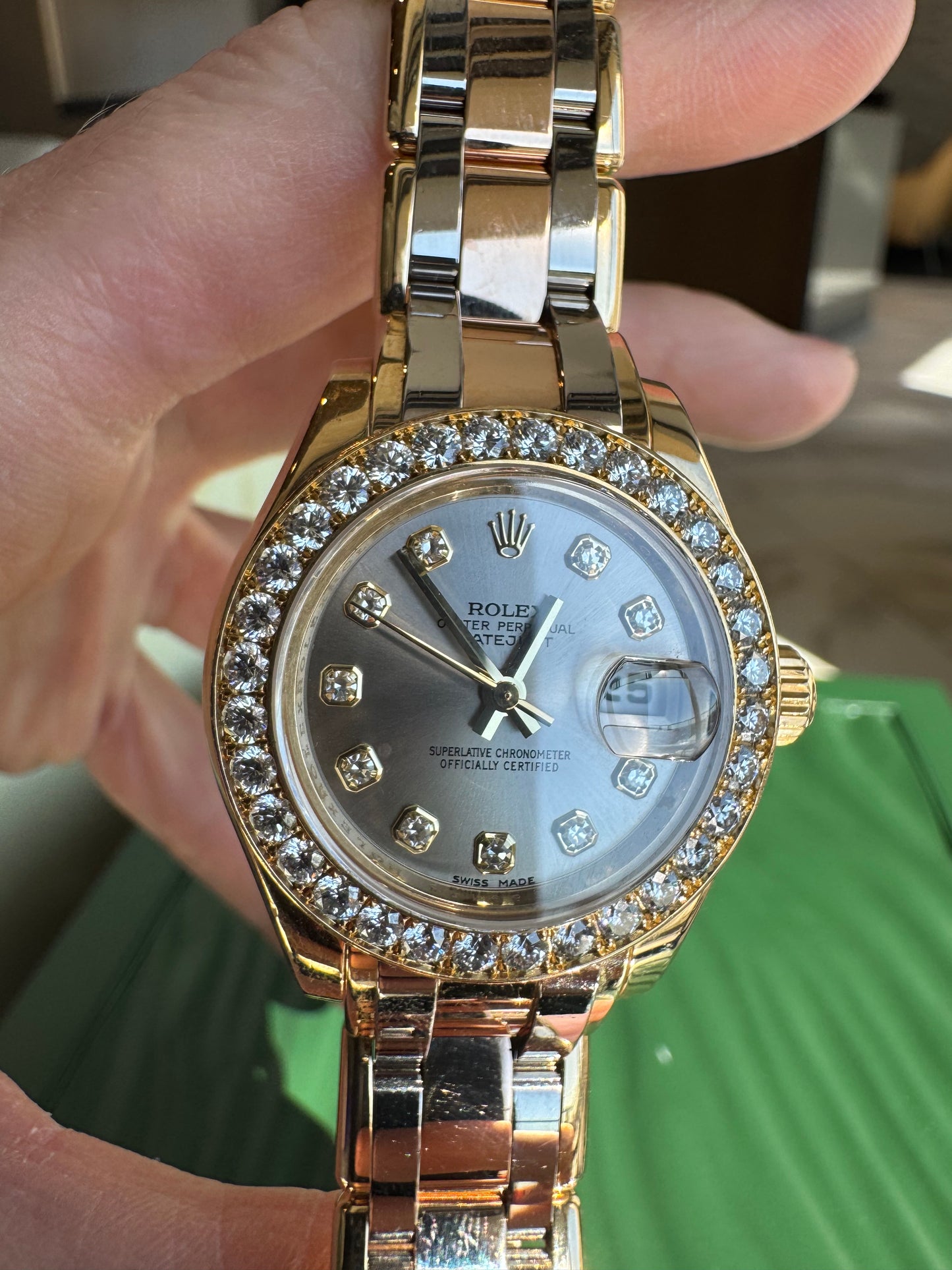 Rolex Pearlmaster Masterpiece 29mm Tridor Gold Diamond Watch | Ref 80298 | Steel Diamond Dial | 32 Diamond Bezel | Luxury Rolex Ladies Watch