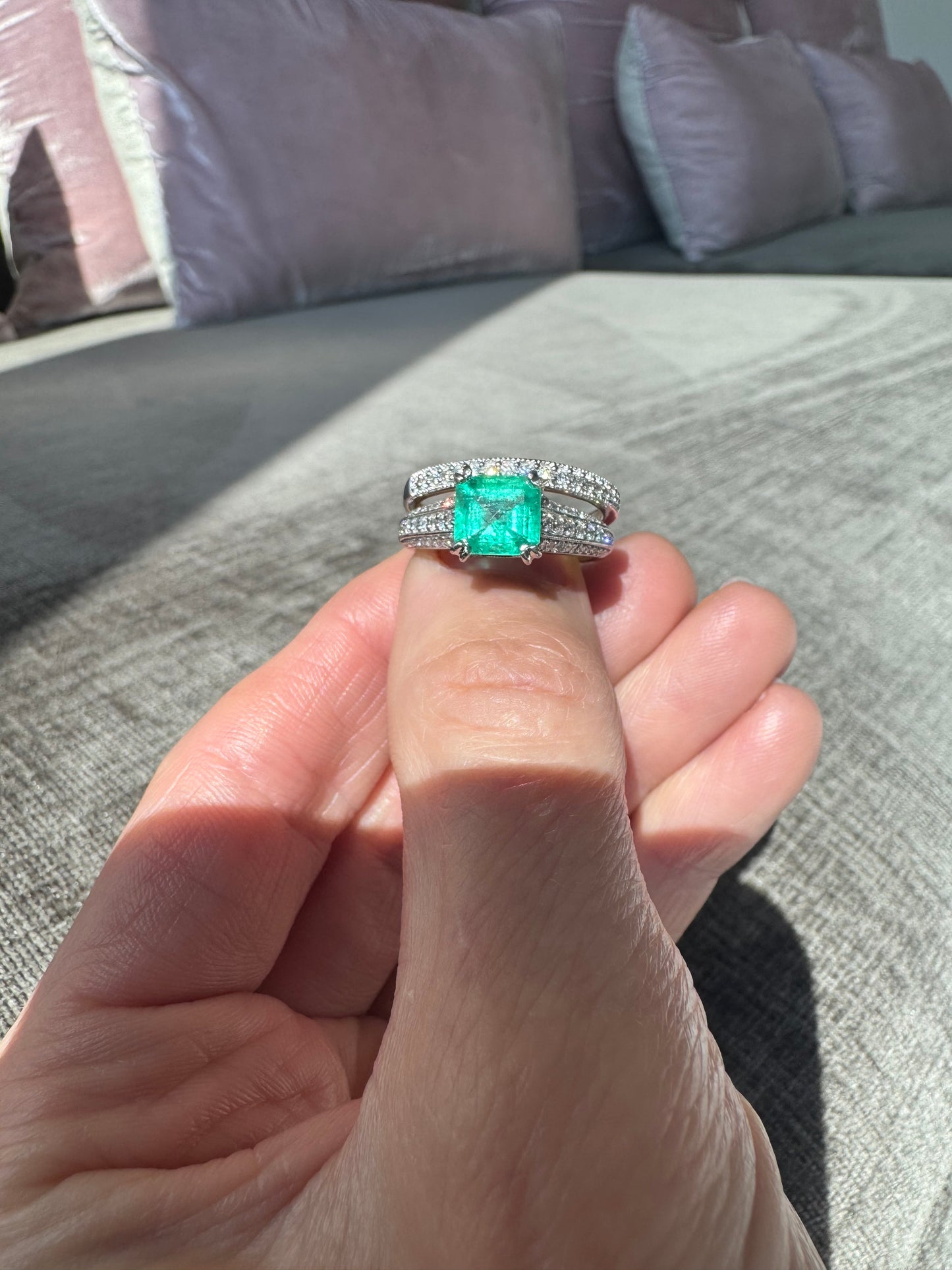 Estate Platinum Natural Columbian Emerald & Diamond Ring with Band