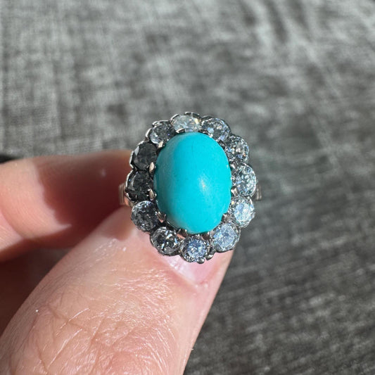 14k Solid Yellow Gold Vintage Oval Robin's Eggs Blue Natural Turquoise and Natural Diamond Halo Ring