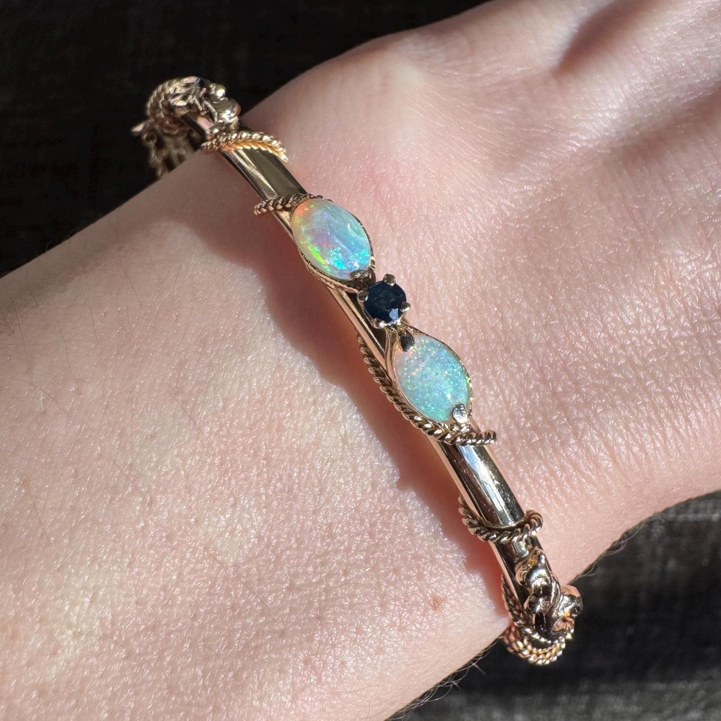Vintage 14K Solid Yellow Gold Opal & Sapphire Hinged Bangle Bracelet | Estate Midcentury Jewelry