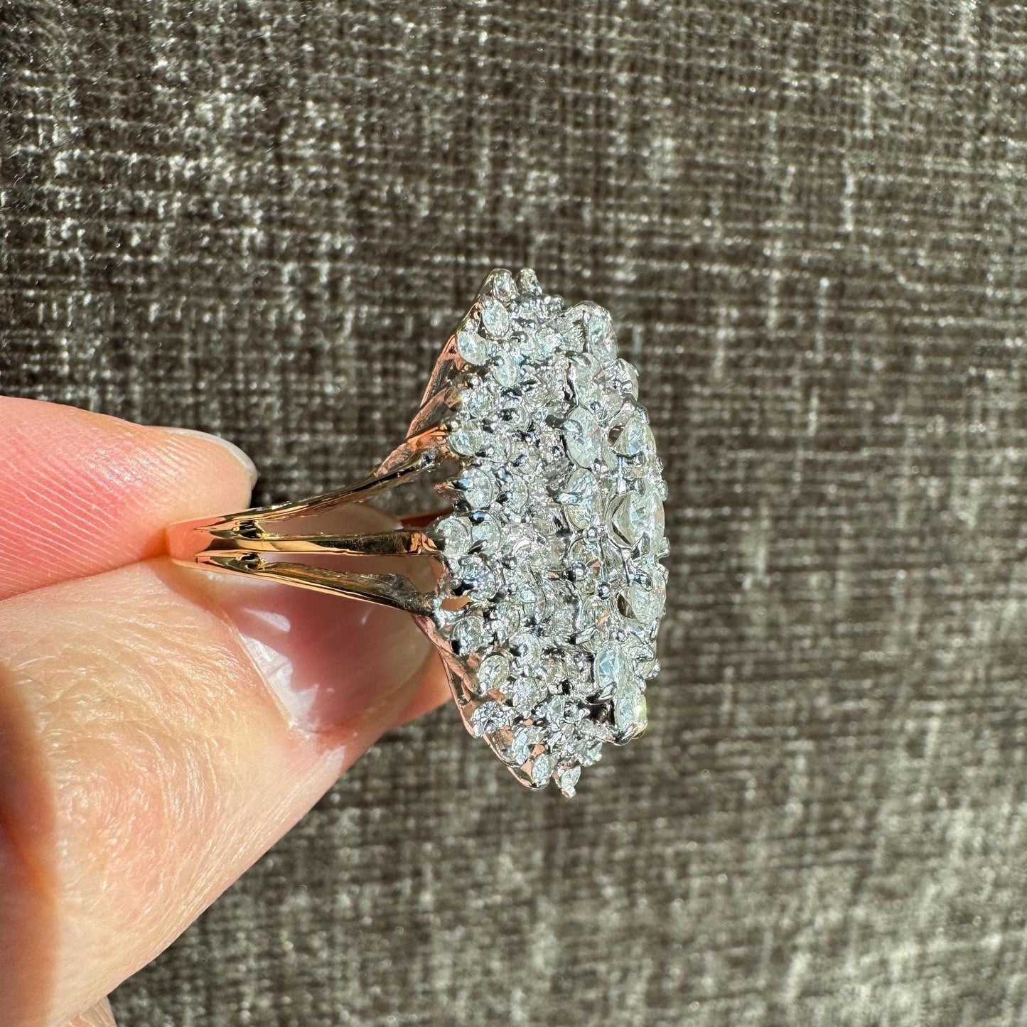 Vintage 14k Solid Yellow & White Gold 2.5 Carat Diamond Statement Cluster Ring