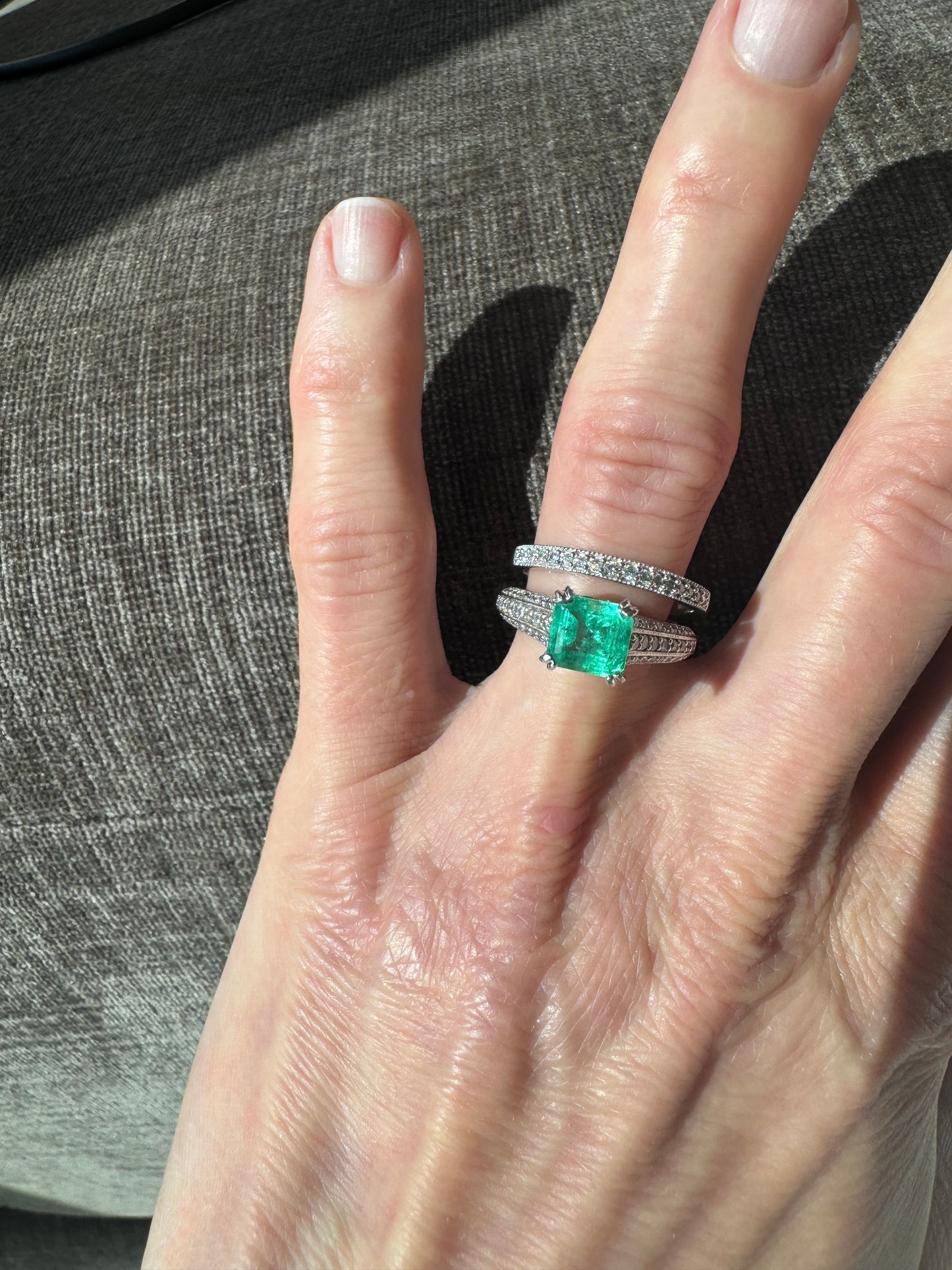Estate Platinum Natural Columbian Emerald & Diamond Ring with Band