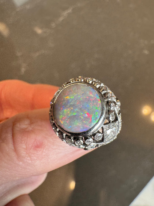 Vintage Opal & Diamond Platinum Ring