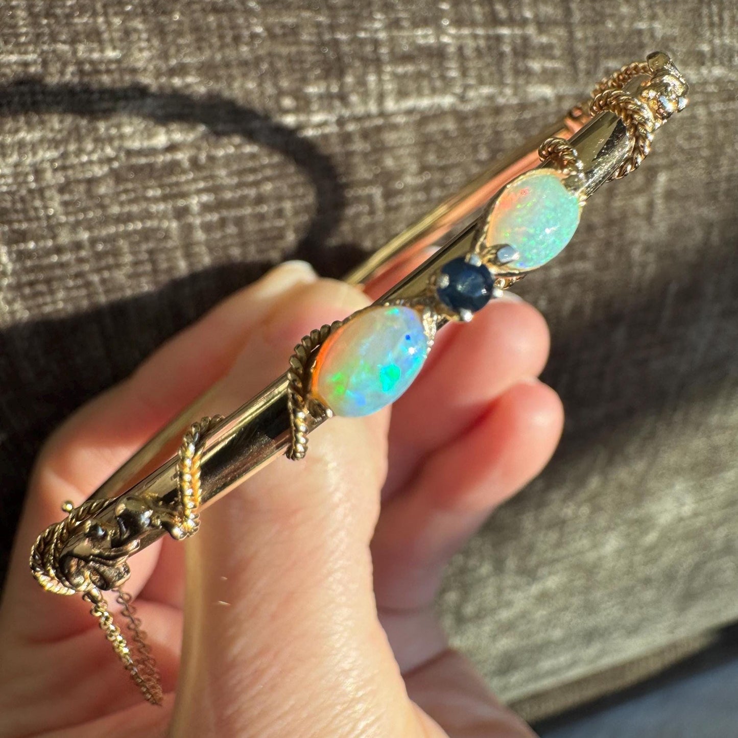 Vintage 14K Solid Yellow Gold Opal & Sapphire Hinged Bangle Bracelet | Estate Midcentury Jewelry