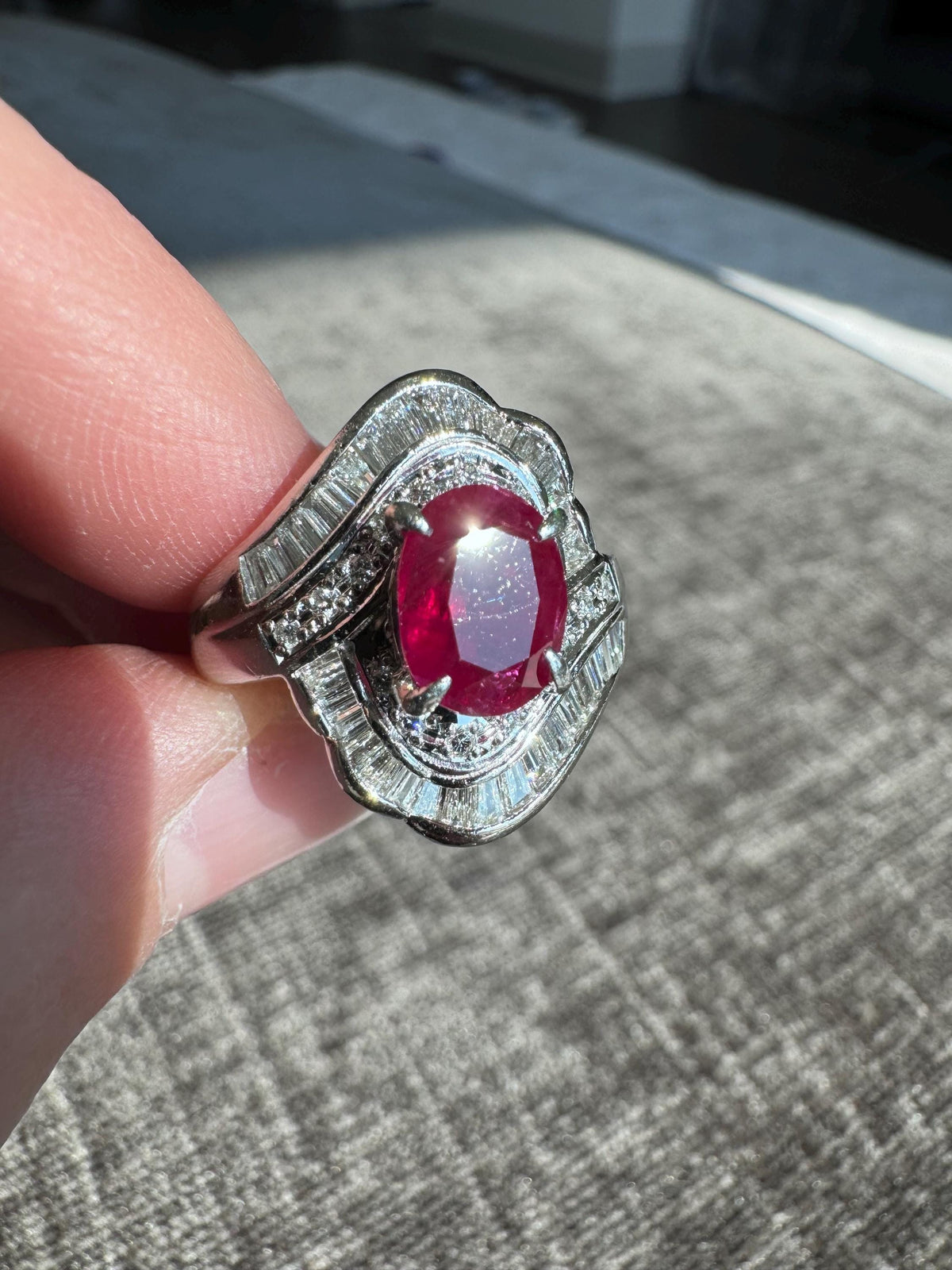 Solid Platinum Ruby and Diamond Ring, Size 6