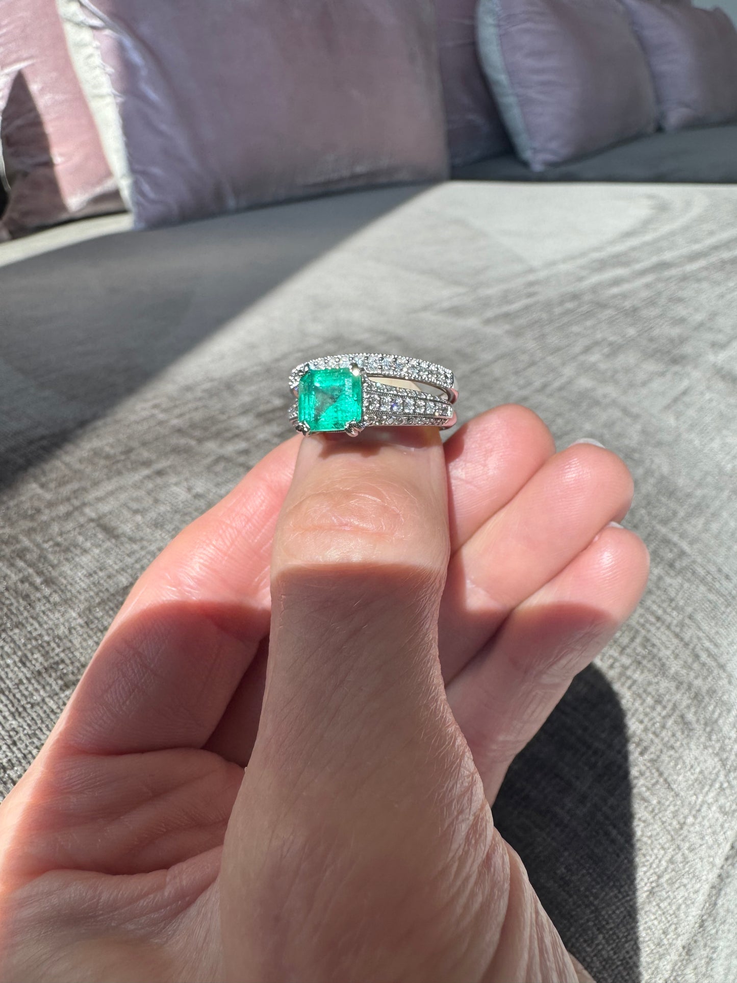 Estate Platinum Natural Columbian Emerald & Diamond Ring with Band