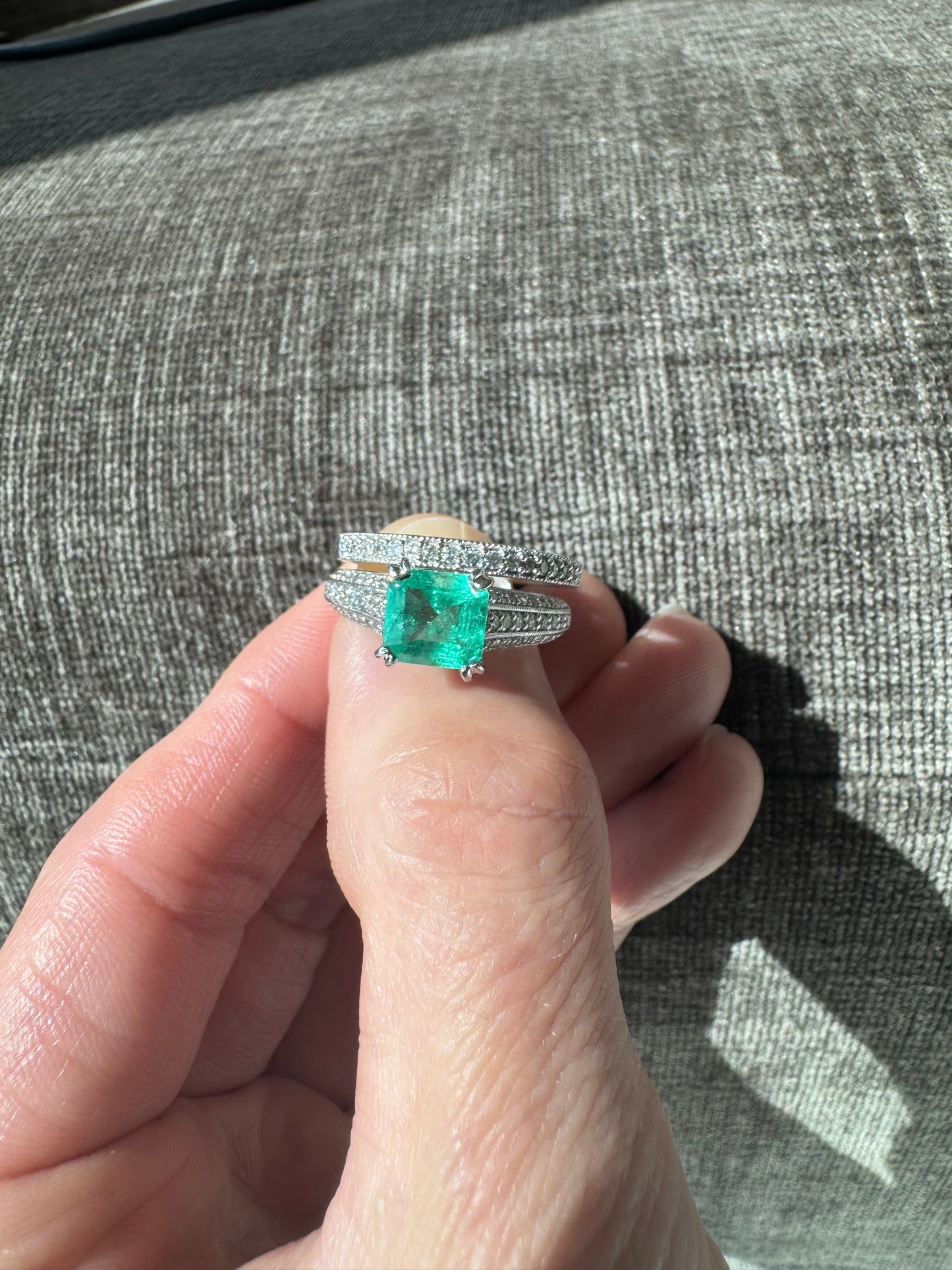 Estate Platinum Natural Columbian Emerald & Diamond Ring with Band