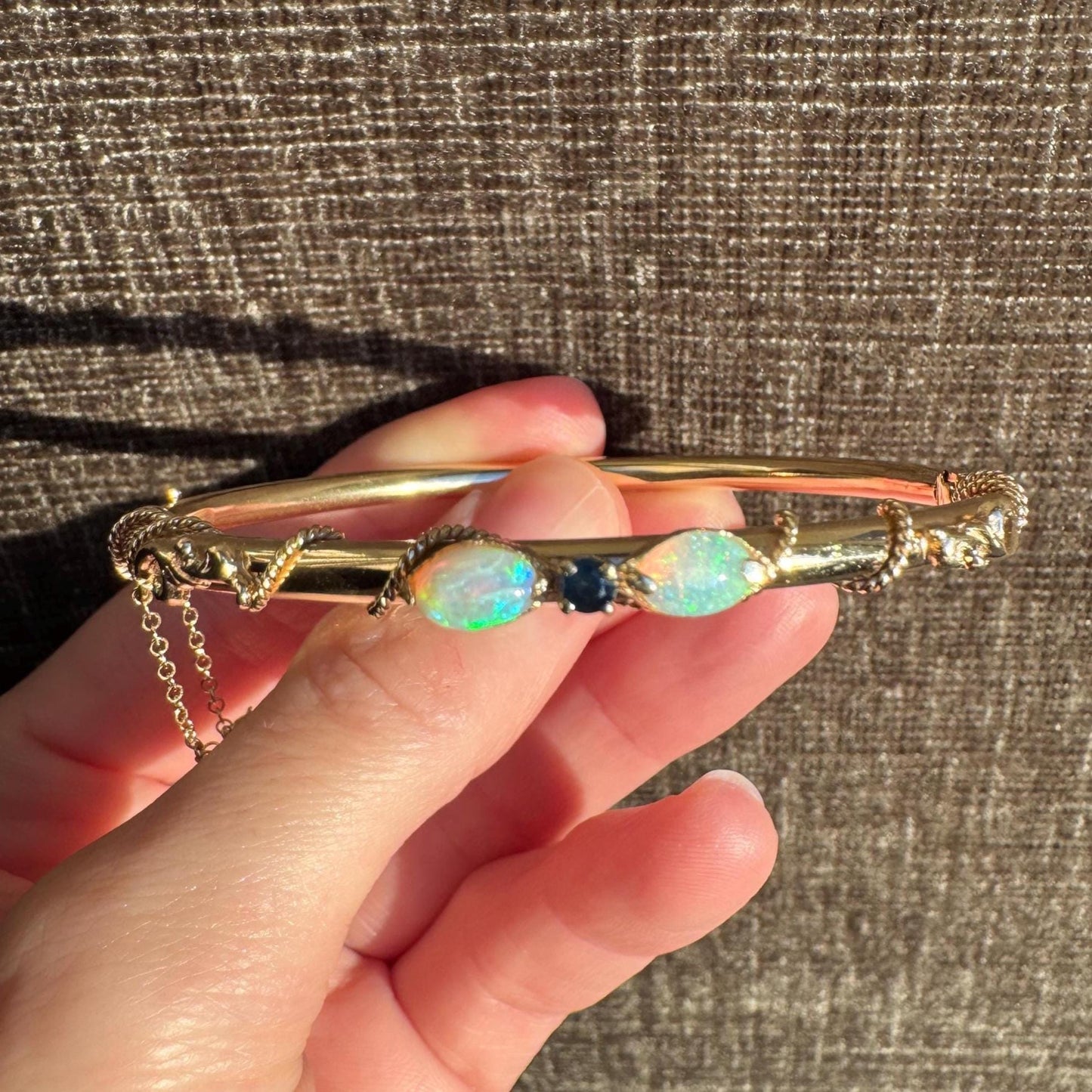 Vintage 14K Solid Yellow Gold Opal & Sapphire Hinged Bangle Bracelet | Estate Midcentury Jewelry