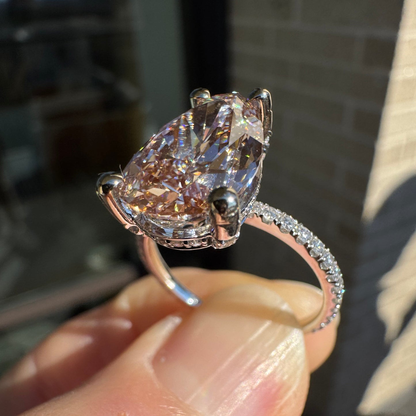 14k White Gold 5.04 Carat Pink Pear Shaped Lab & Natural Diamond Ring