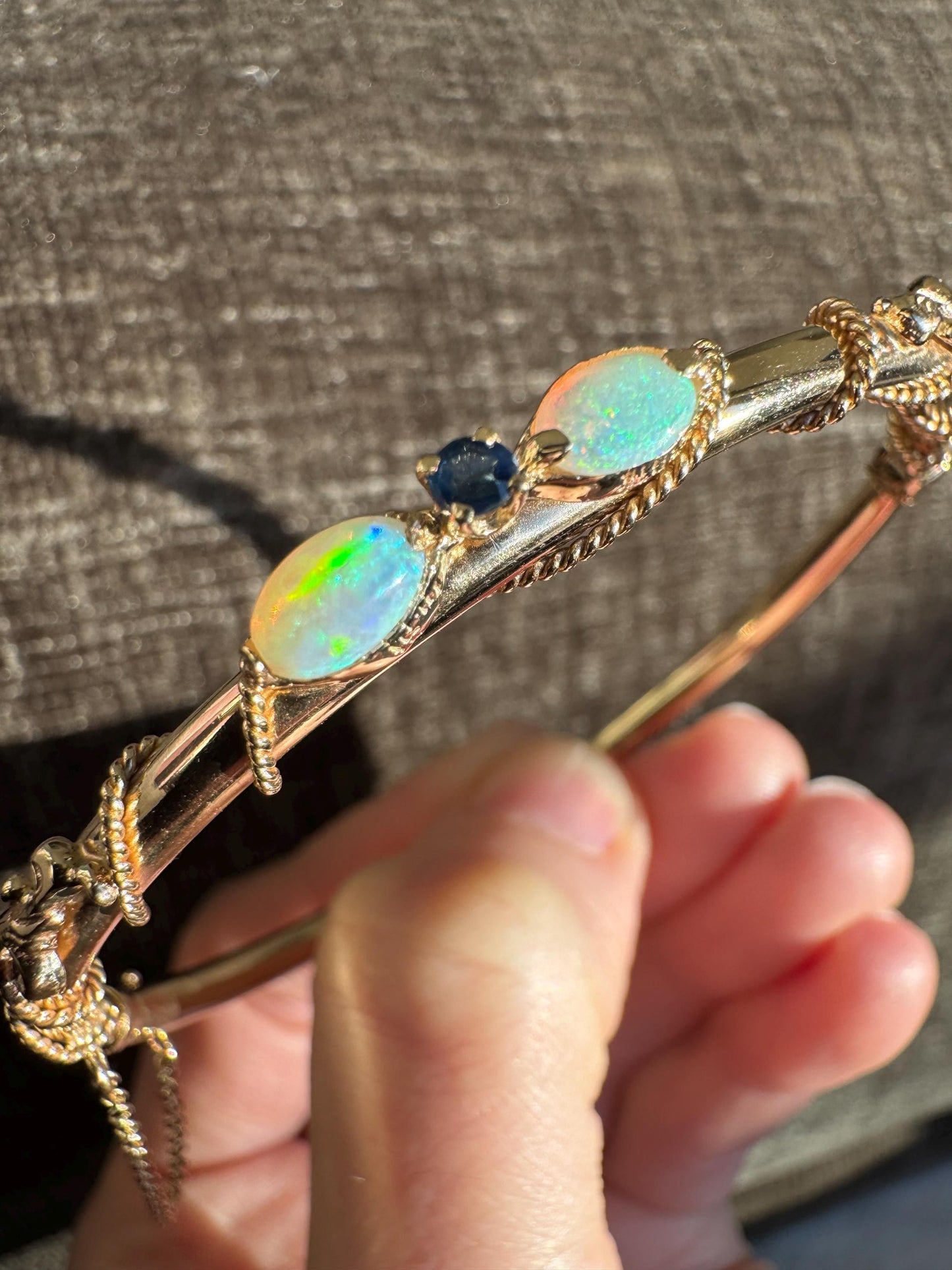 Vintage 14K Solid Yellow Gold Opal & Sapphire Hinged Bangle Bracelet | Estate Midcentury Jewelry