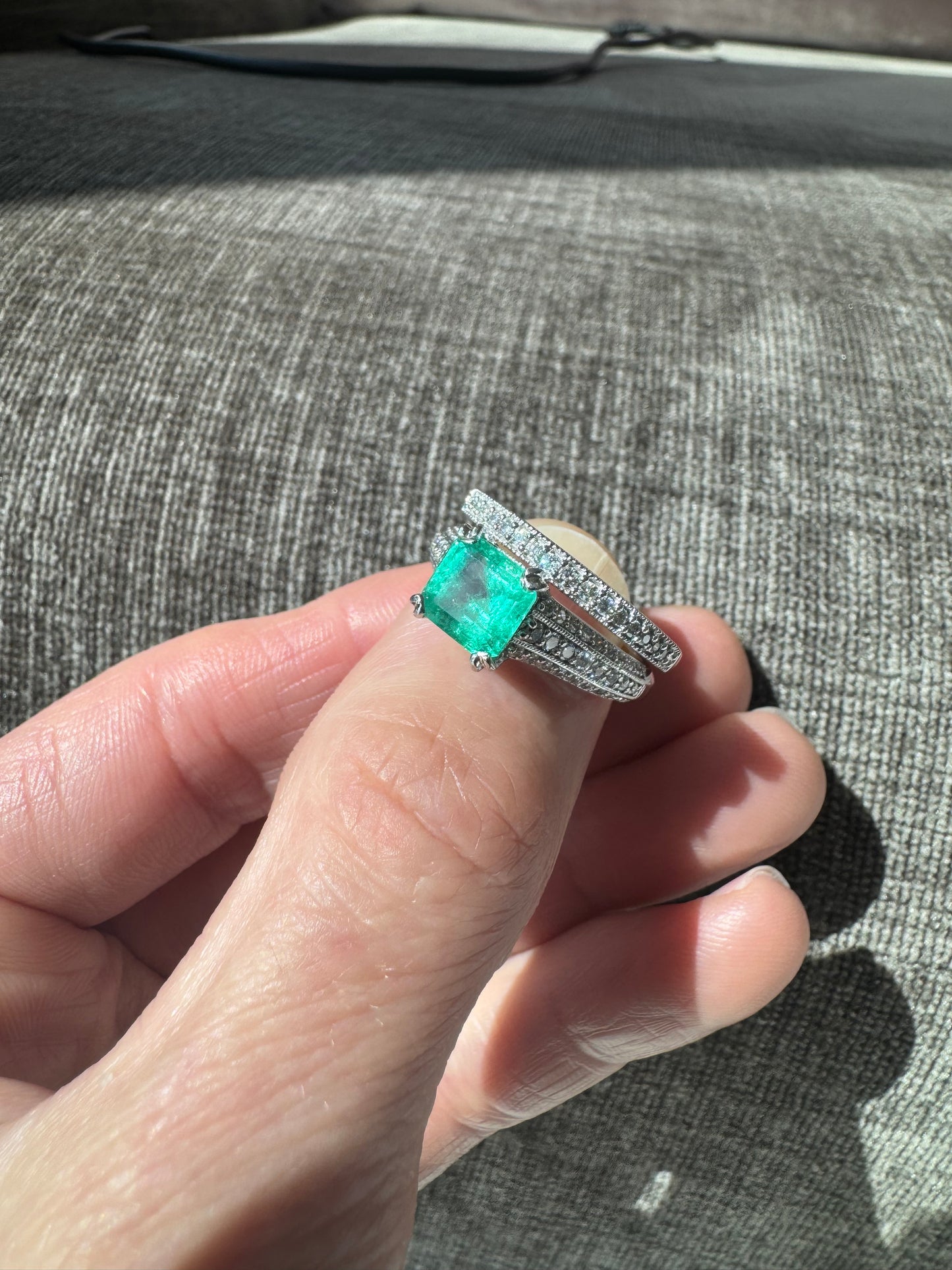 Estate Platinum Natural Columbian Emerald & Diamond Ring with Band