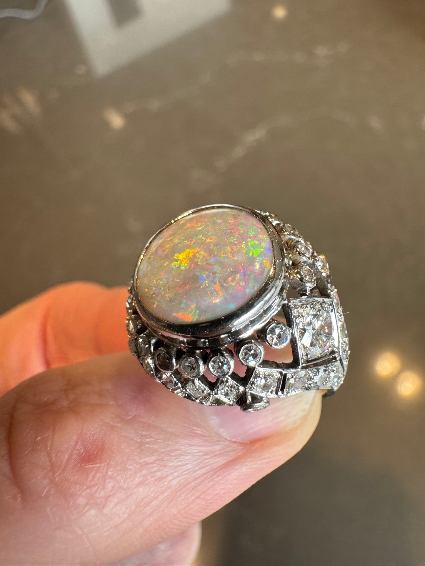 Vintage Opal & Diamond Platinum Ring