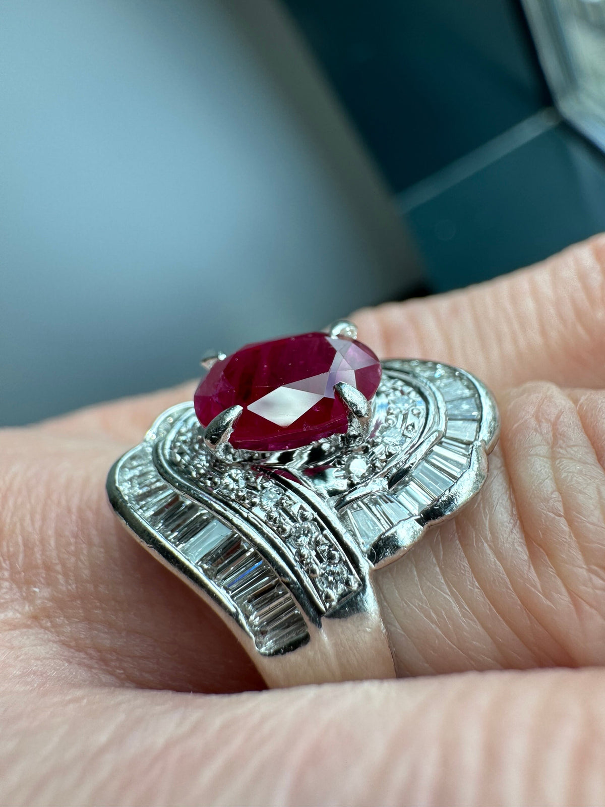 Solid Platinum Ruby and Diamond Ring, Size 6