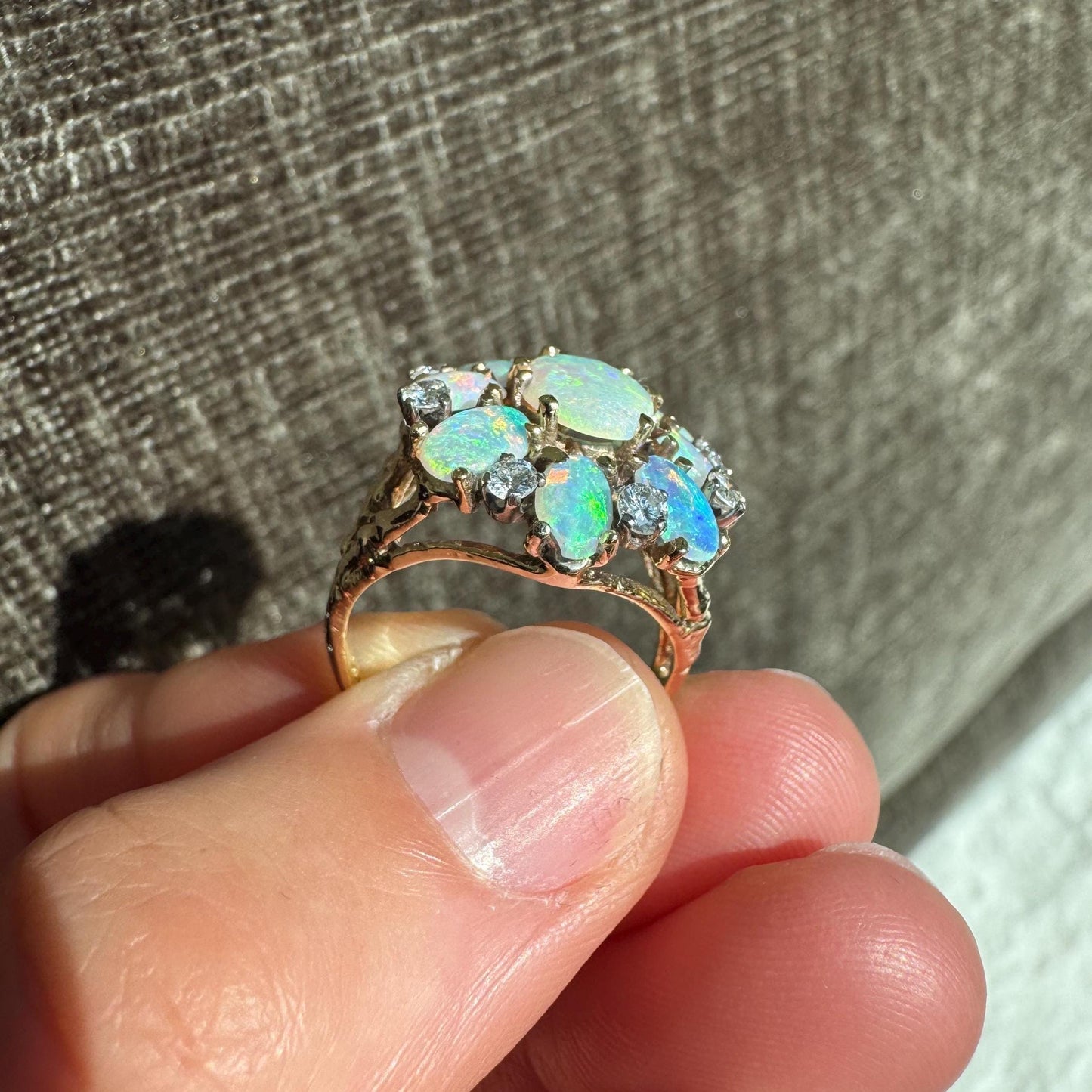 Stunning 14K Solid Yellow Gold Natural Opal and Diamond Ring