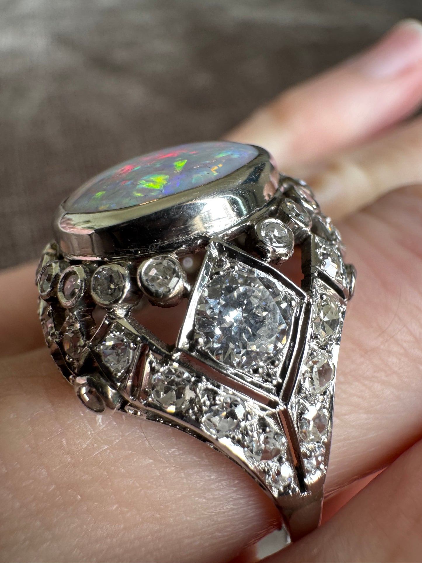 Vintage Opal & Diamond Platinum Ring