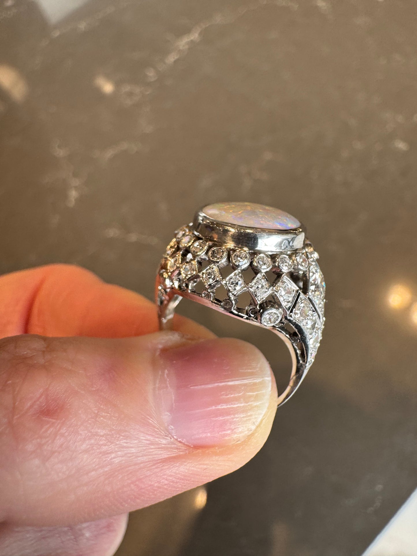 Vintage Opal & Diamond Platinum Ring