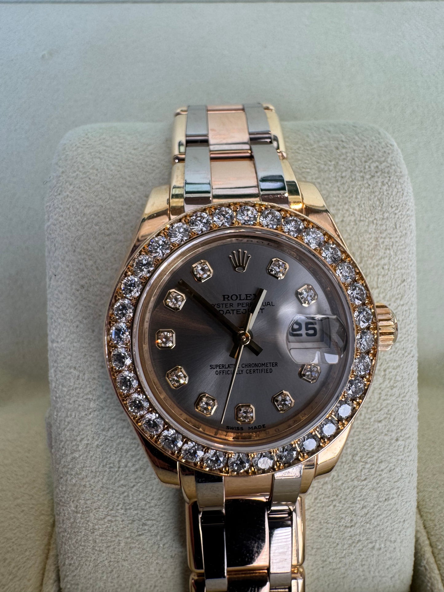 Rolex Pearlmaster Masterpiece 29mm Tridor Gold Diamond Watch | Ref 80298 | Steel Diamond Dial | 32 Diamond Bezel | Luxury Rolex Ladies Watch