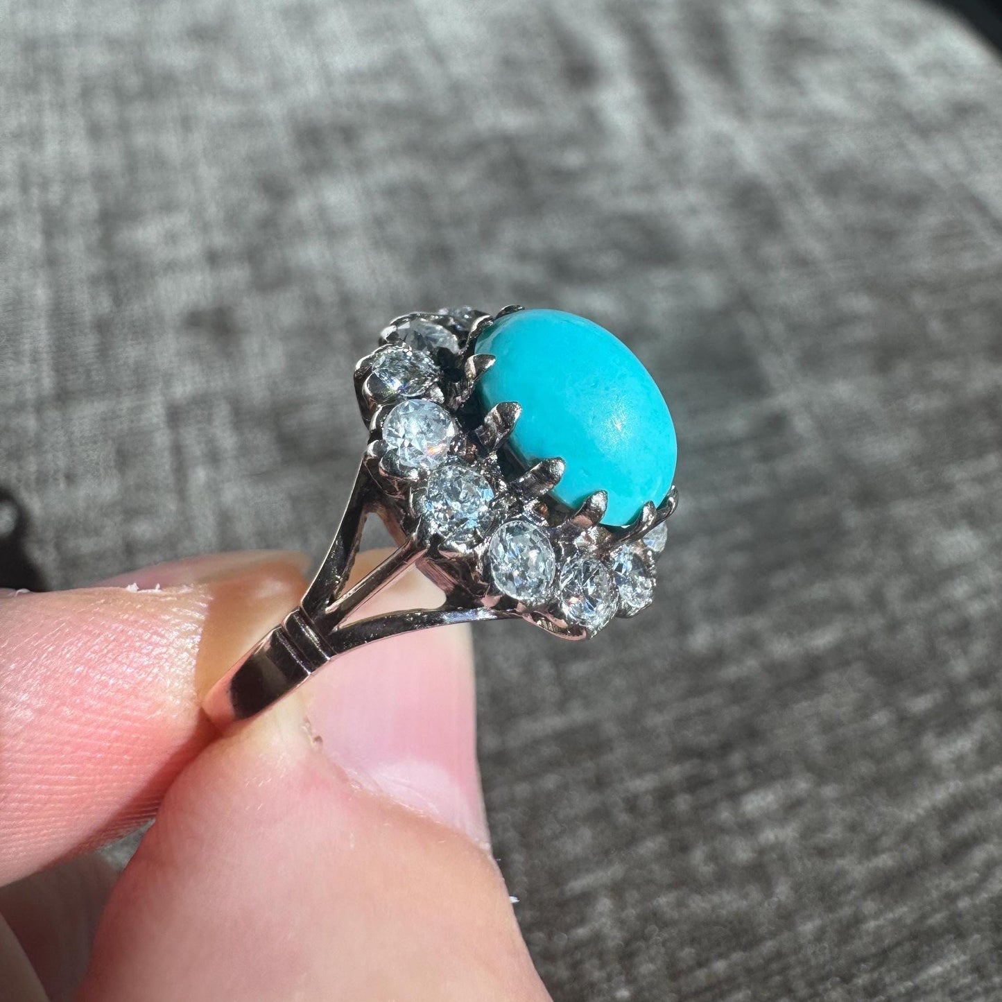 14k Solid Yellow Gold Vintage Oval Robin's Eggs Blue Natural Turquoise and Natural Diamond Halo Ring