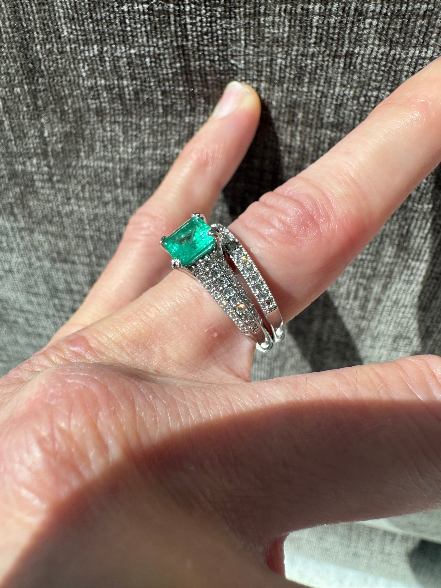 Estate Platinum Natural Columbian Emerald & Diamond Ring with Band