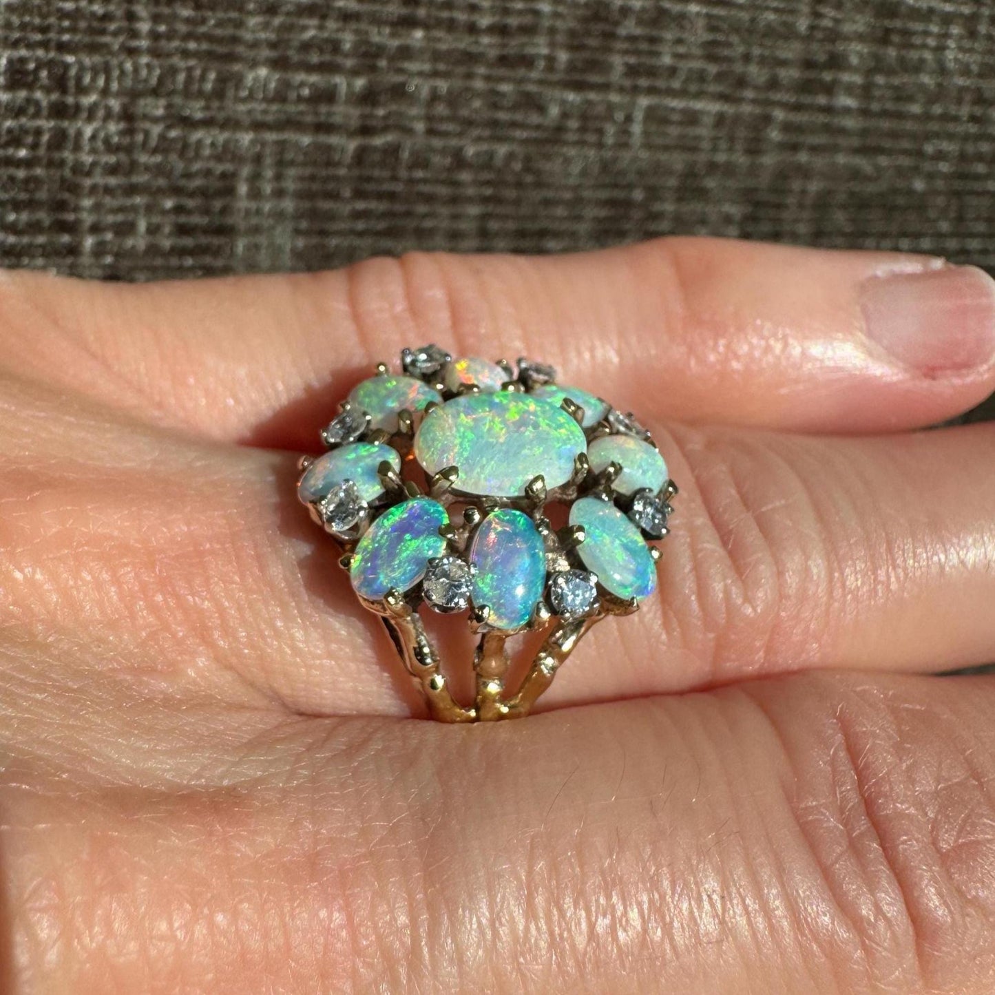 Stunning 14K Solid Yellow Gold Natural Opal and Diamond Ring