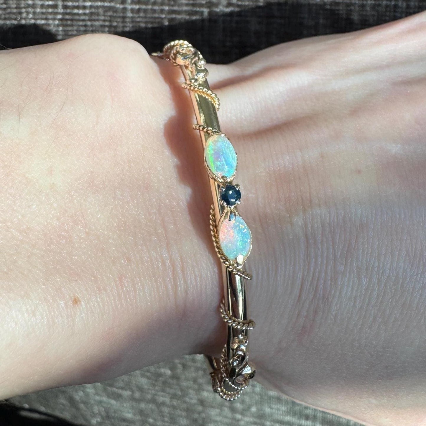 Vintage 14K Solid Yellow Gold Opal & Sapphire Hinged Bangle Bracelet | Estate Midcentury Jewelry