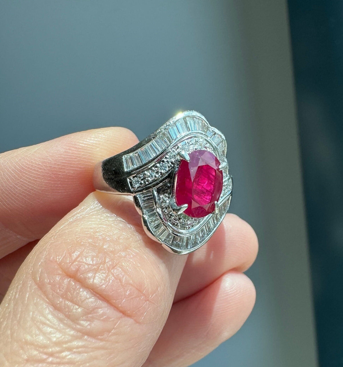 Solid Platinum Ruby and Diamond Ring, Size 6