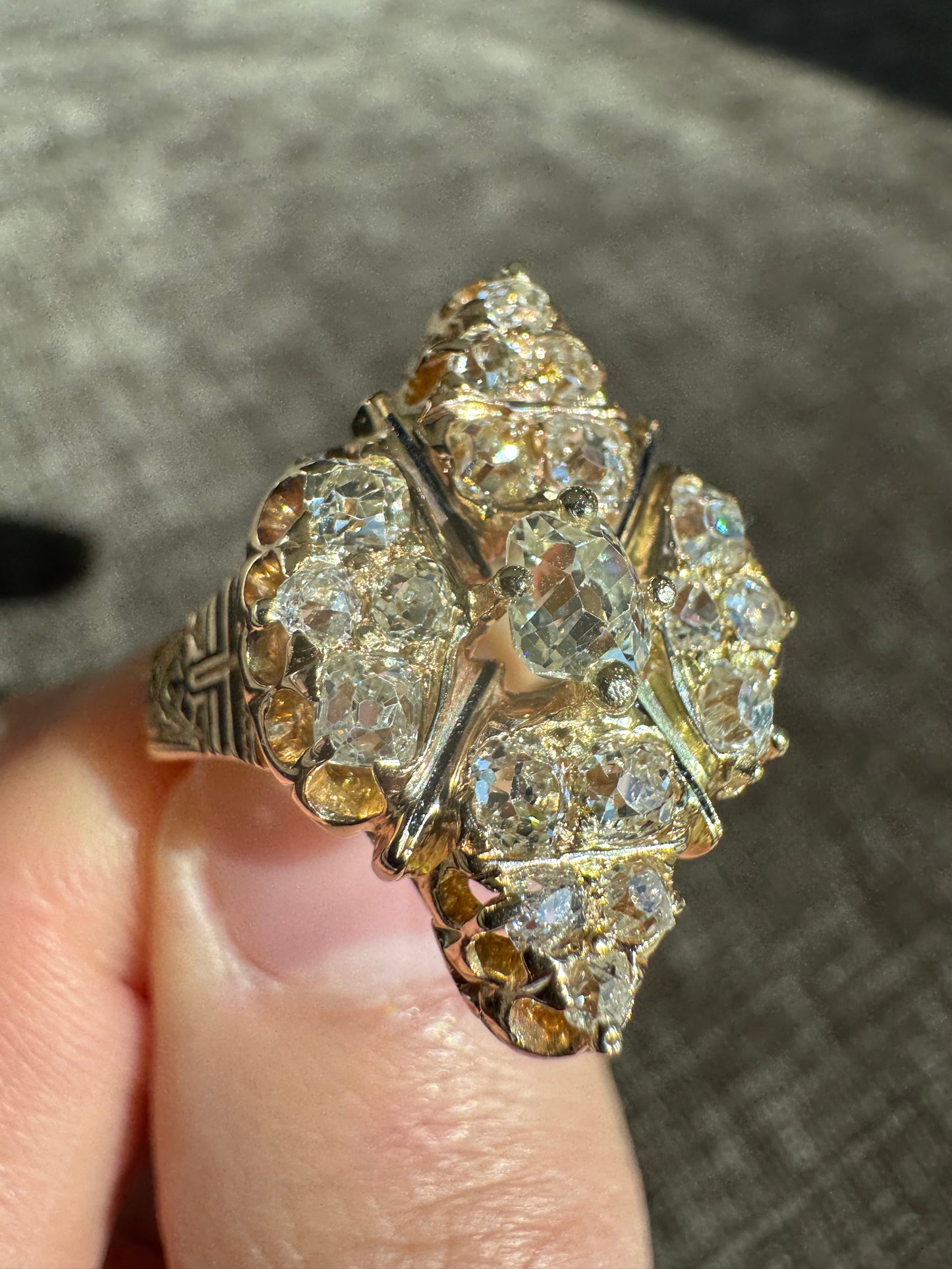 Antique Victorian 18K Gold Old Mine Cut Diamond Cluster Ring, Hand Engraved Estate Jewelry