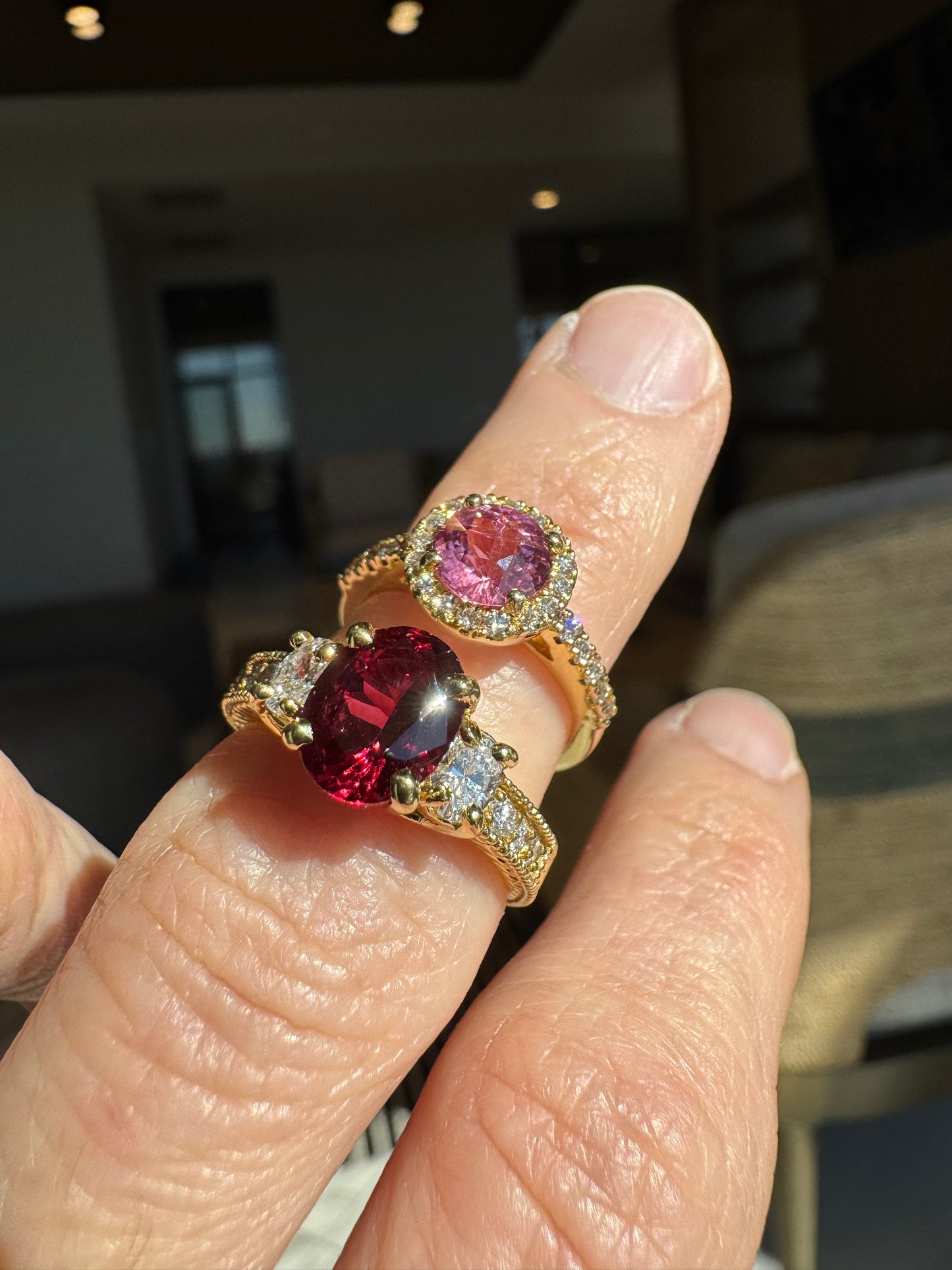 Vintage Style 18k Yellow Gold Natural Red & Pink Spinel Diamond Ring Bundle (2 Rings)