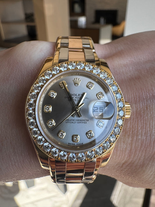 Rolex Pearlmaster Masterpiece 29mm Tridor Gold Diamond Watch | Ref 80298 | Steel Diamond Dial | 32 Diamond Bezel | Luxury Rolex Ladies Watch