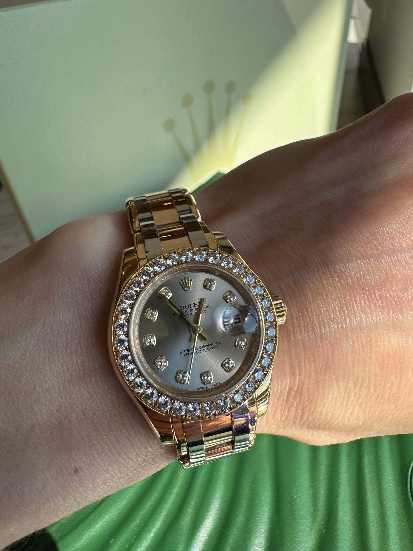 Rolex Pearlmaster Masterpiece 29mm Tridor Gold Diamond Watch | Ref 80298 | Steel Diamond Dial | 32 Diamond Bezel | Luxury Rolex Ladies Watch