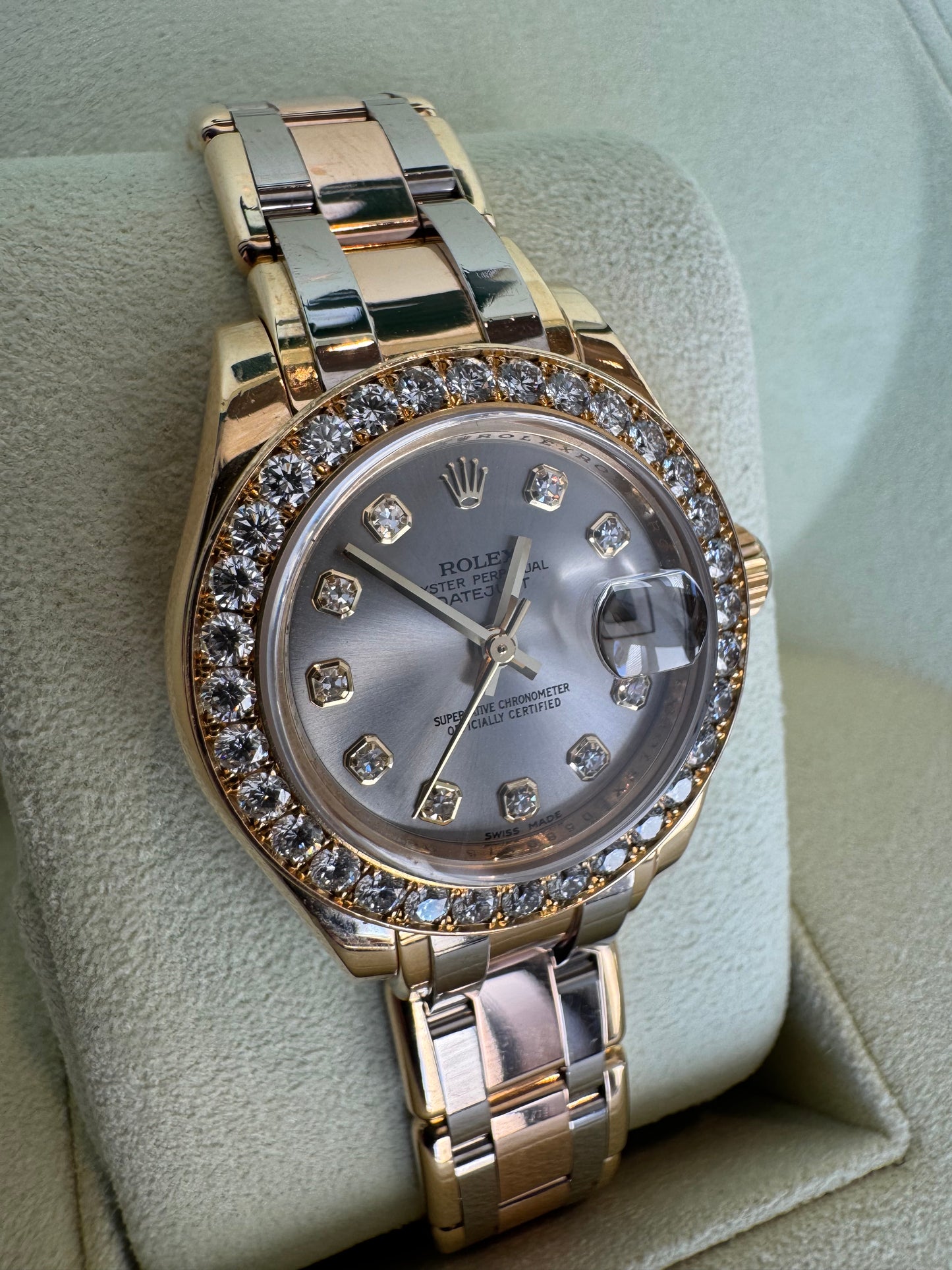 Rolex Pearlmaster Masterpiece 29mm Tridor Gold Diamond Watch | Ref 80298 | Steel Diamond Dial | 32 Diamond Bezel | Luxury Rolex Ladies Watch